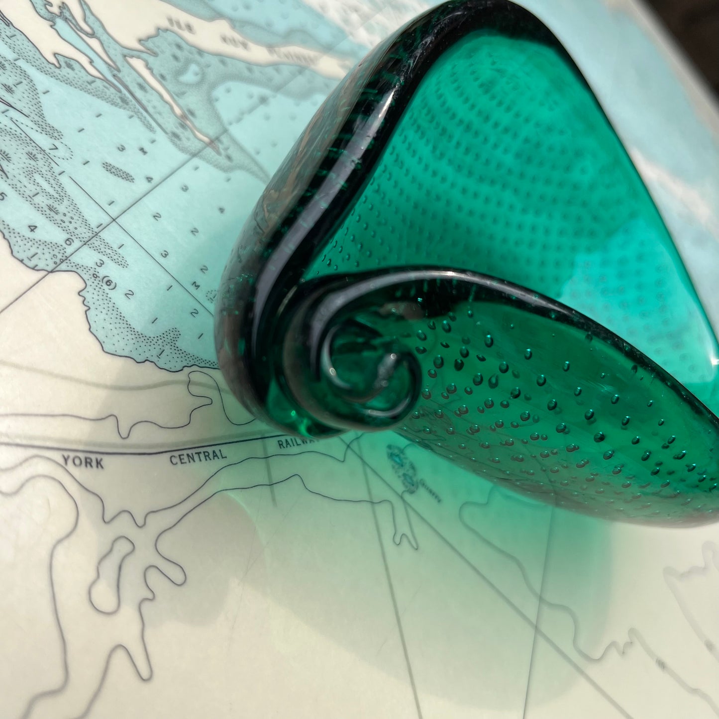 Vintage Green Bubble Glass Teardrop Vessel / Ashtray