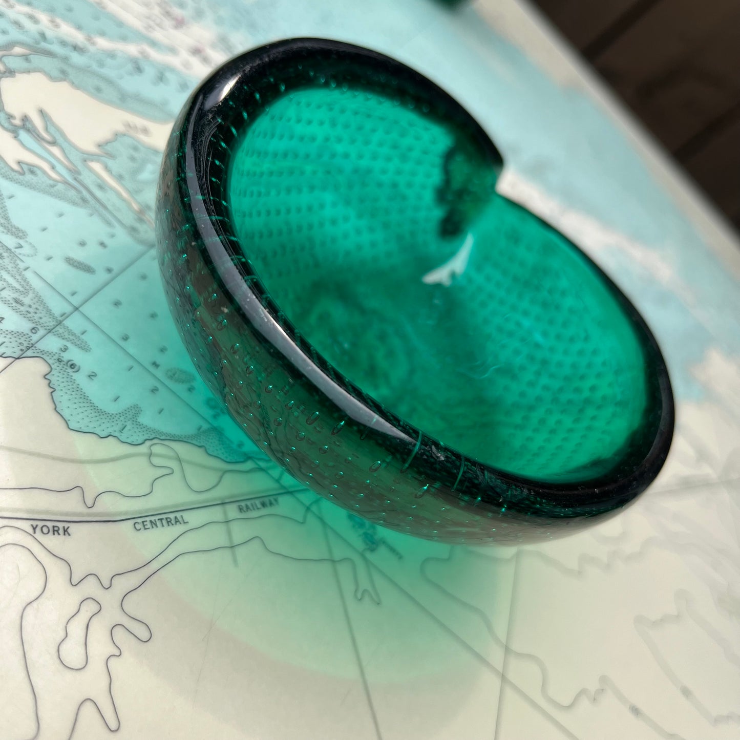 Vintage Green Bubble Glass Teardrop Vessel / Ashtray