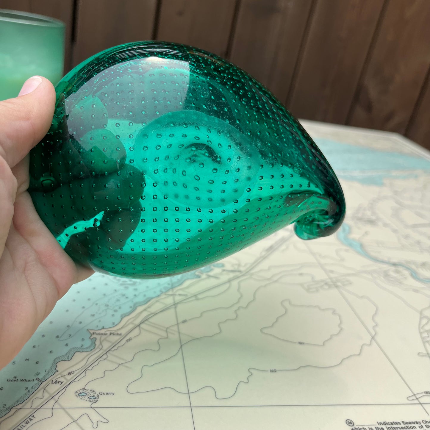 Vintage Green Bubble Glass Teardrop Vessel / Ashtray