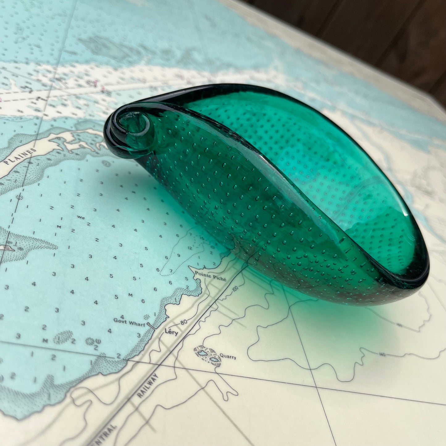 Vintage Green Bubble Glass Teardrop Vessel / Ashtray