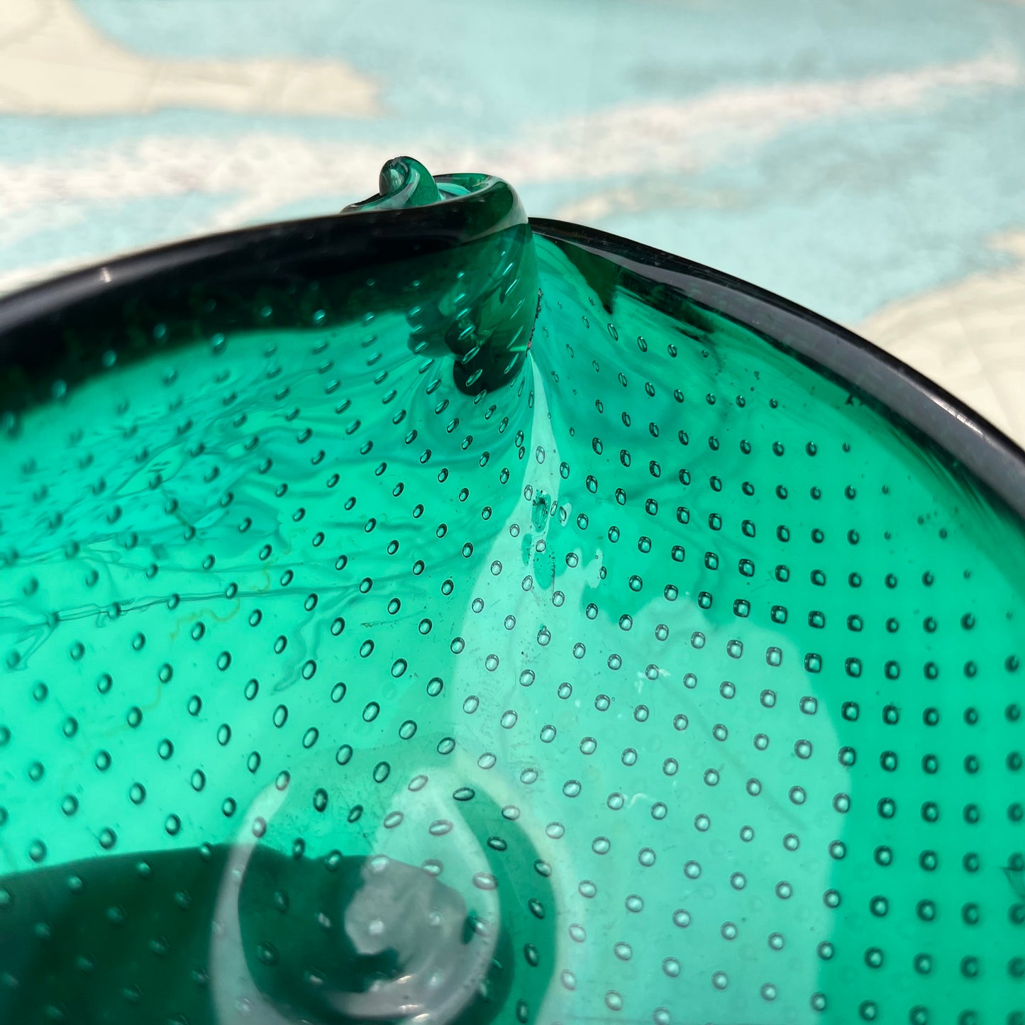 Vintage Green Bubble Glass Teardrop Vessel / Ashtray