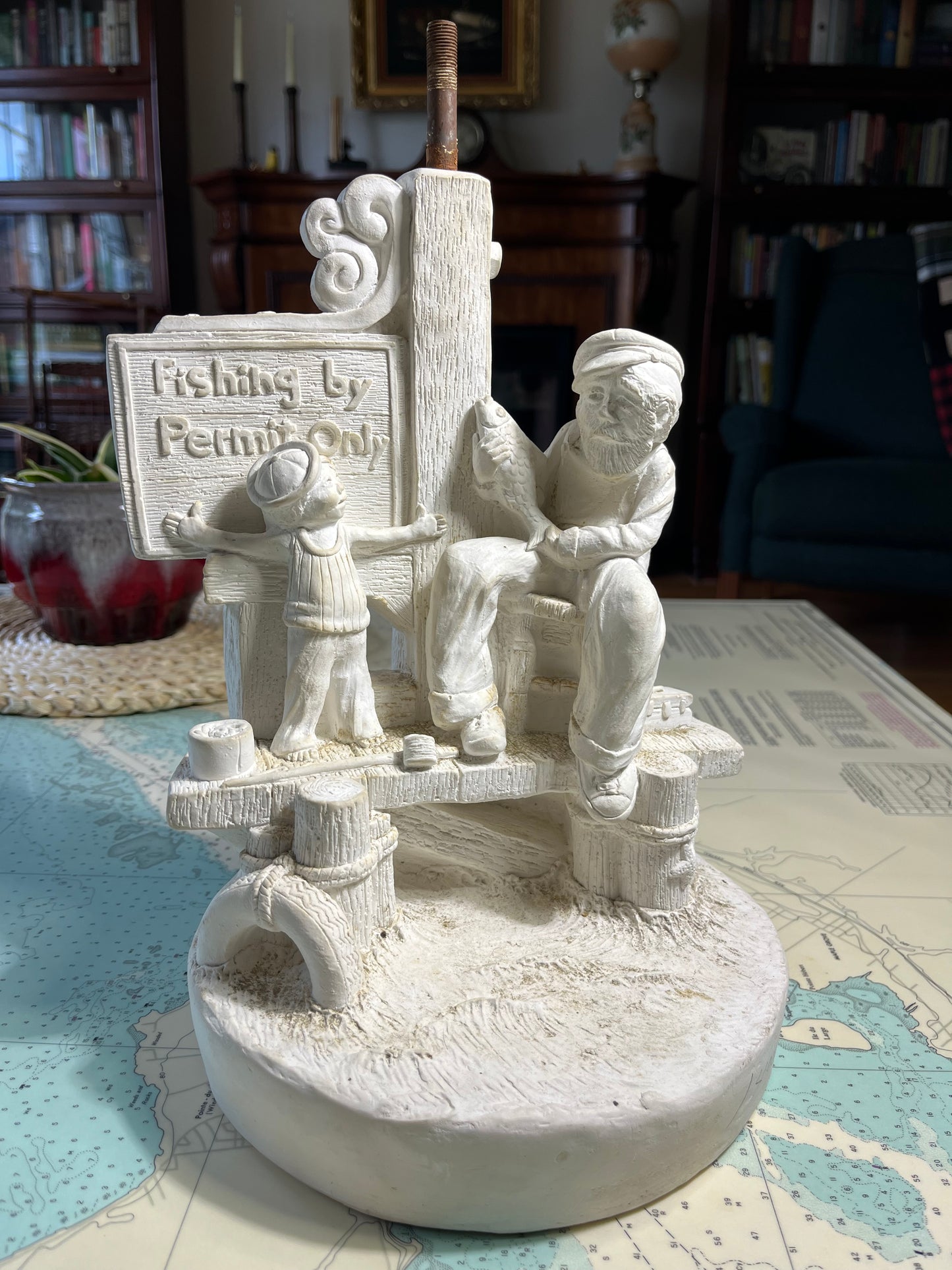Vintage 70s Chalkware Fishing Lamp Base Blank