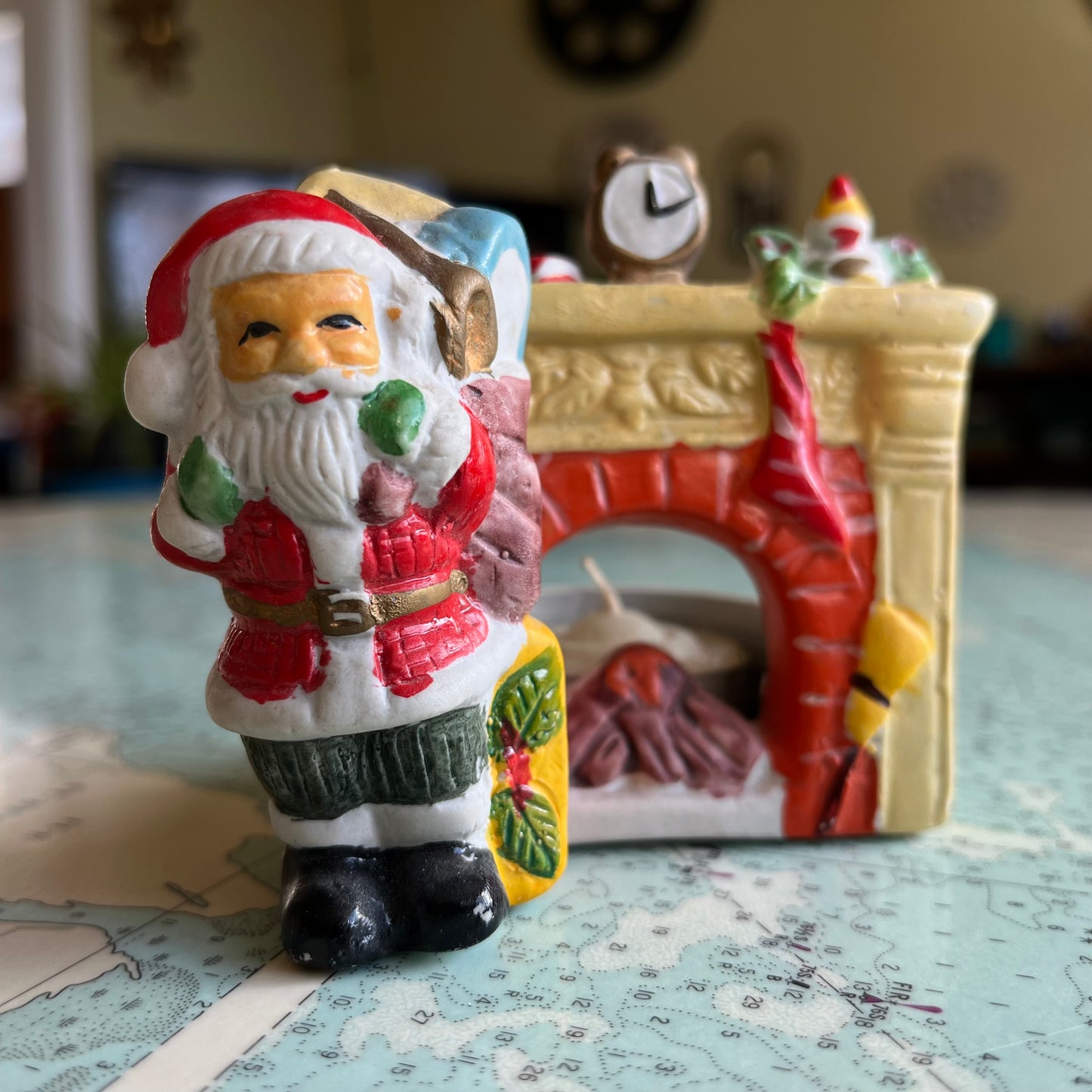Vintage Ceramic Santa at Fireplace Tea Light Candle Holder