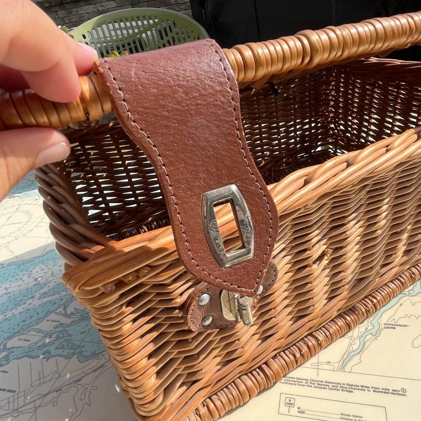 Vintage Wicker Picnic Basket With Hinged Lid