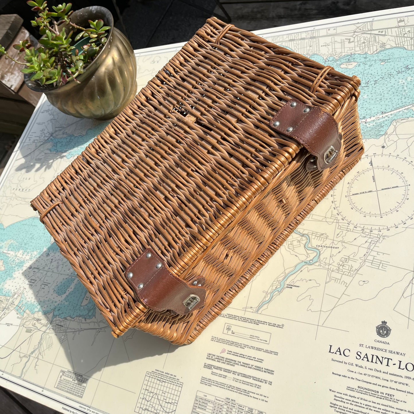 Vintage Wicker Picnic Basket With Hinged Lid