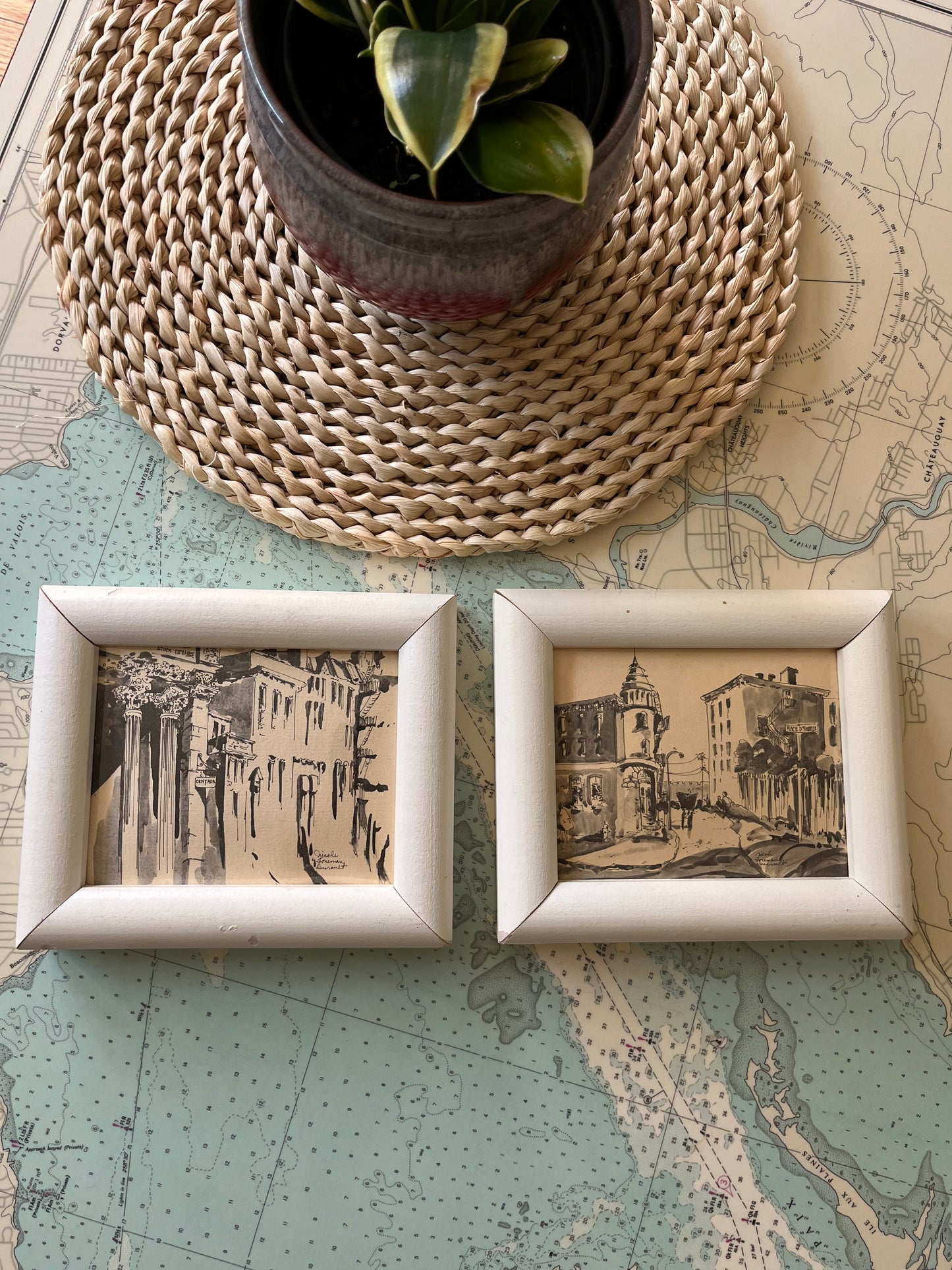Vintage White Framed Architectural Pen and Ink Artworks