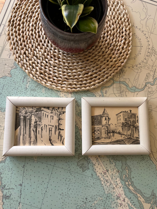 Vintage White Framed Architectural Pen and Ink Artworks