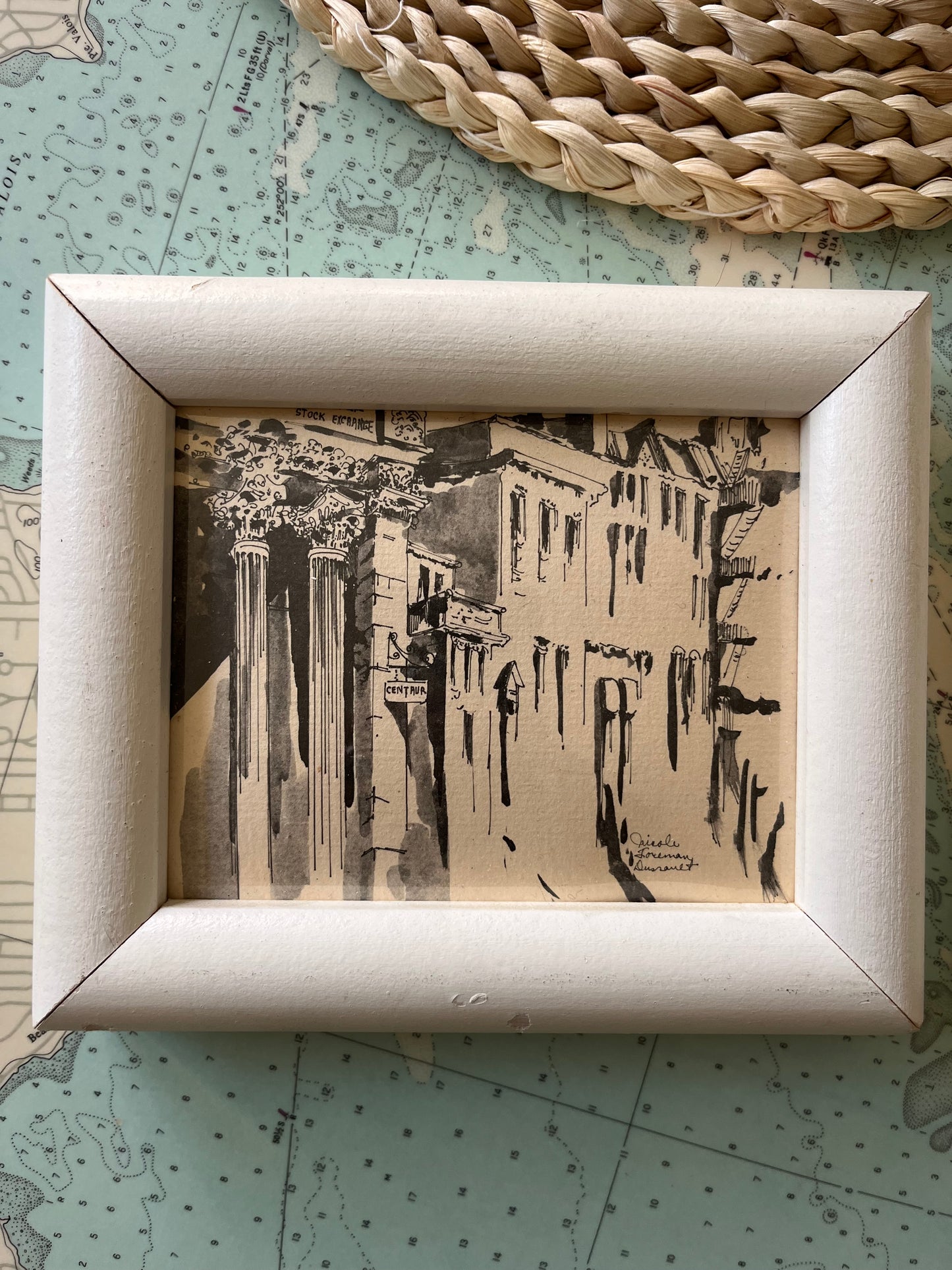 Vintage White Framed Architectural Pen and Ink Artworks