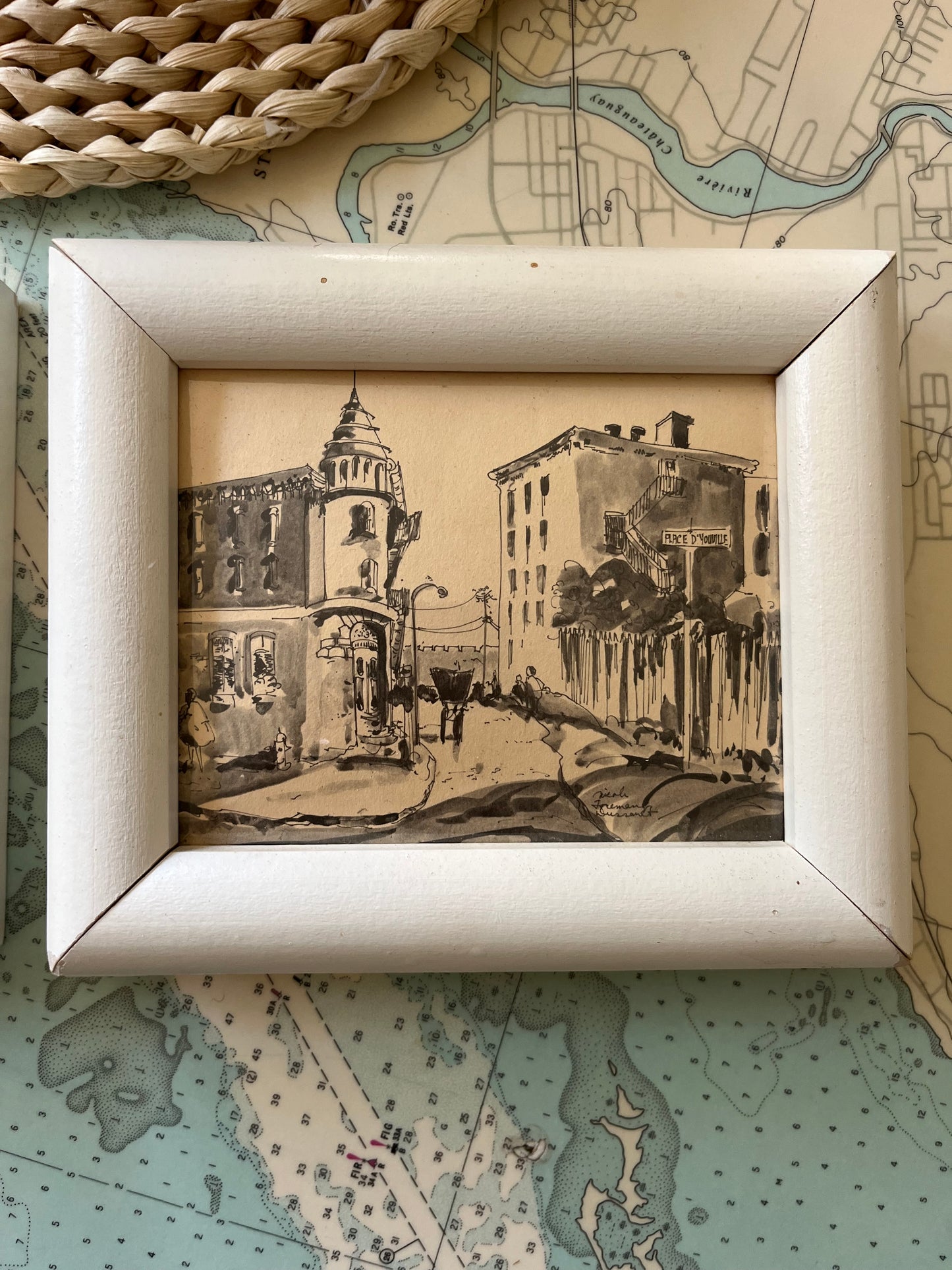 Vintage White Framed Architectural Pen and Ink Artworks