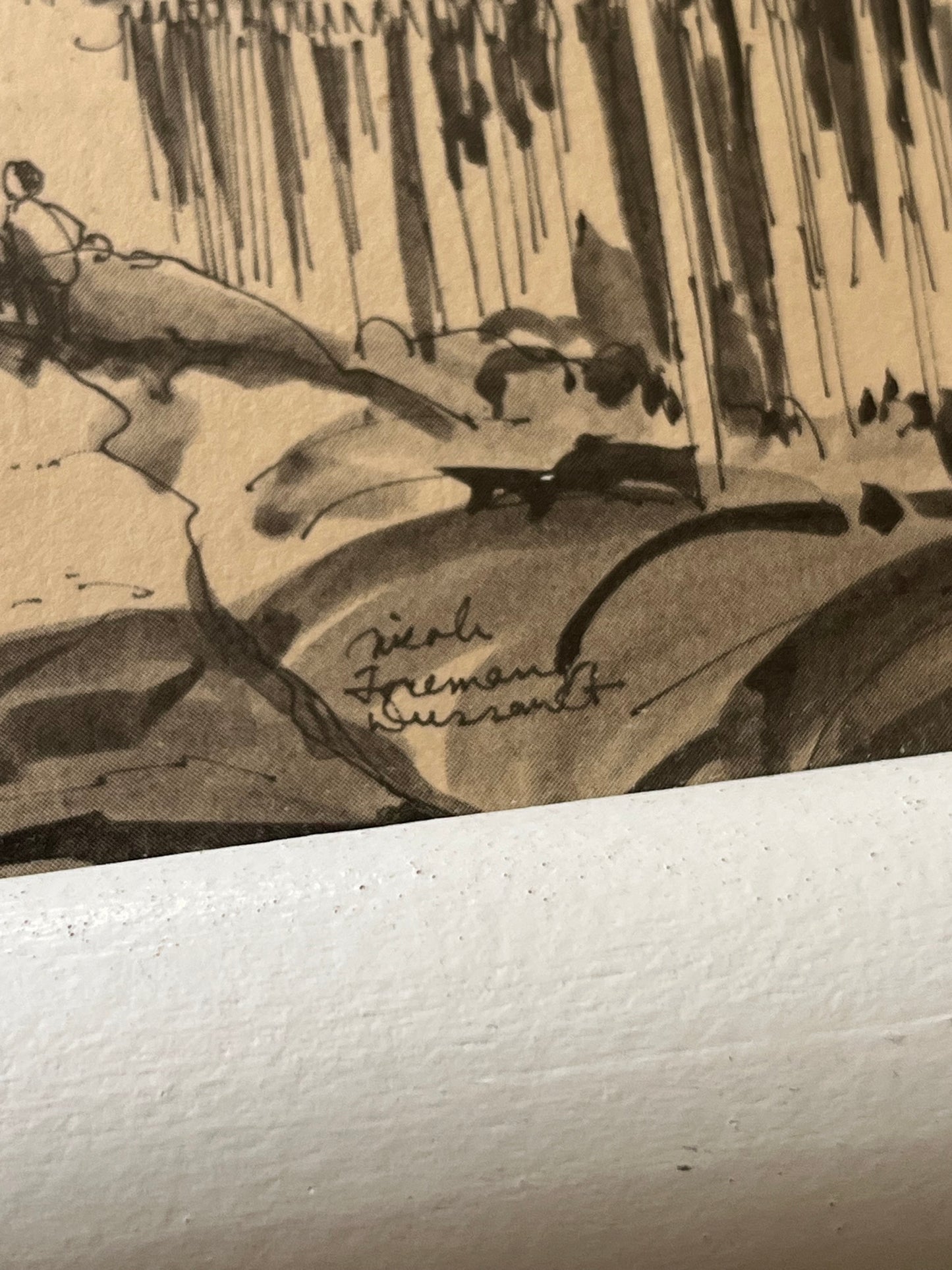 Vintage White Framed Architectural Pen and Ink Artworks