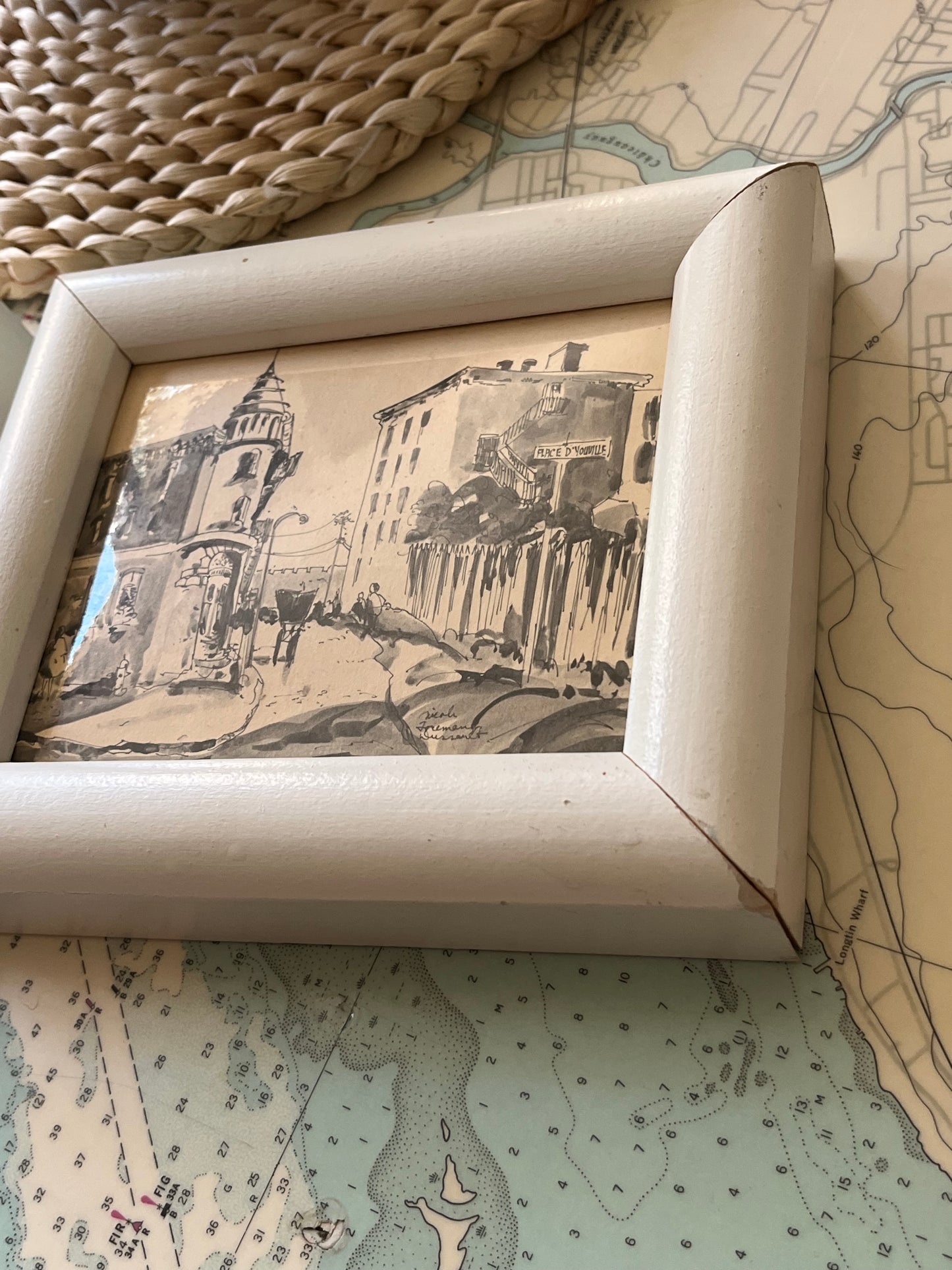Vintage White Framed Architectural Pen and Ink Artworks