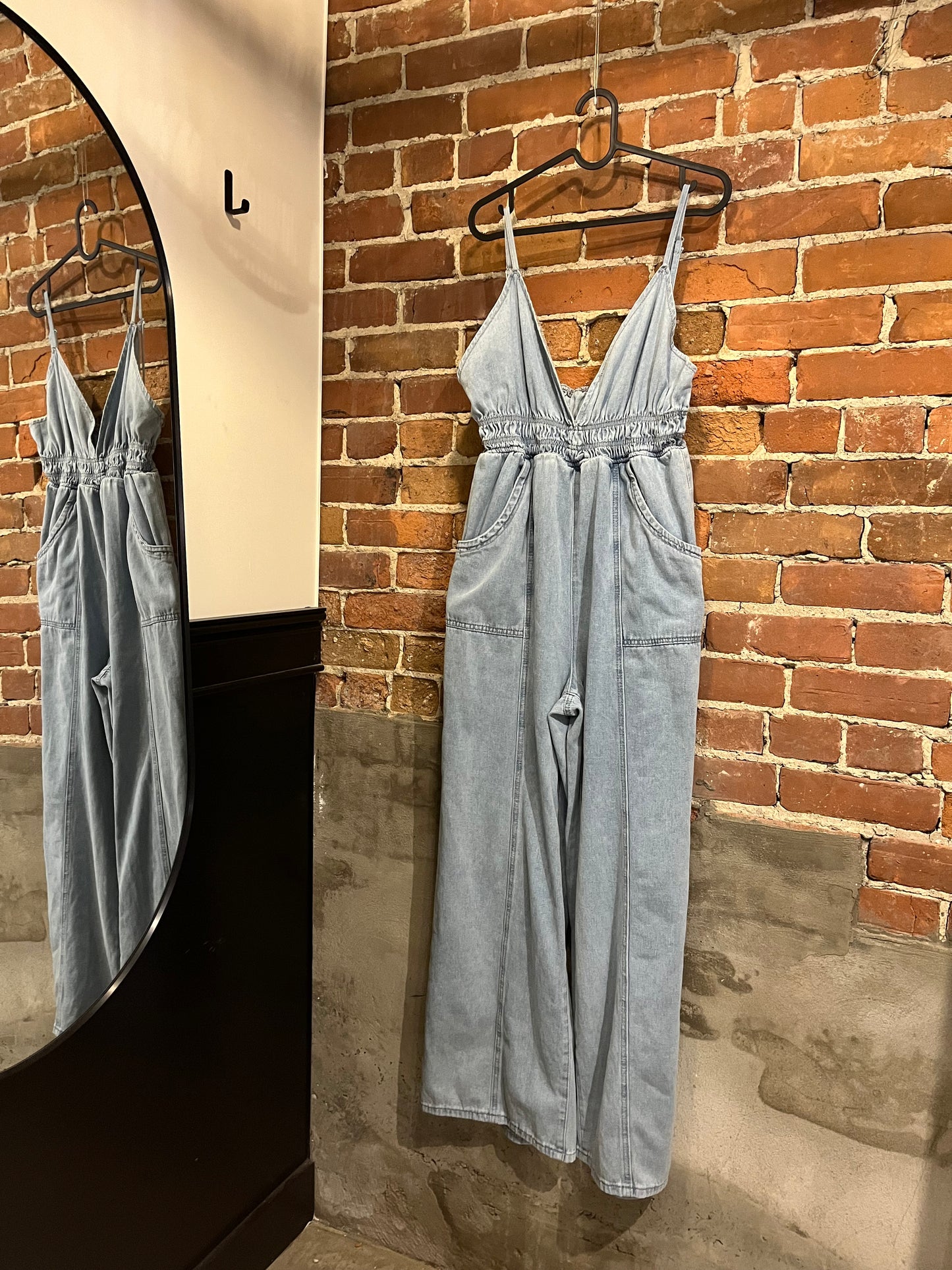 Denim V Neck Wide Leg Jumpsuit