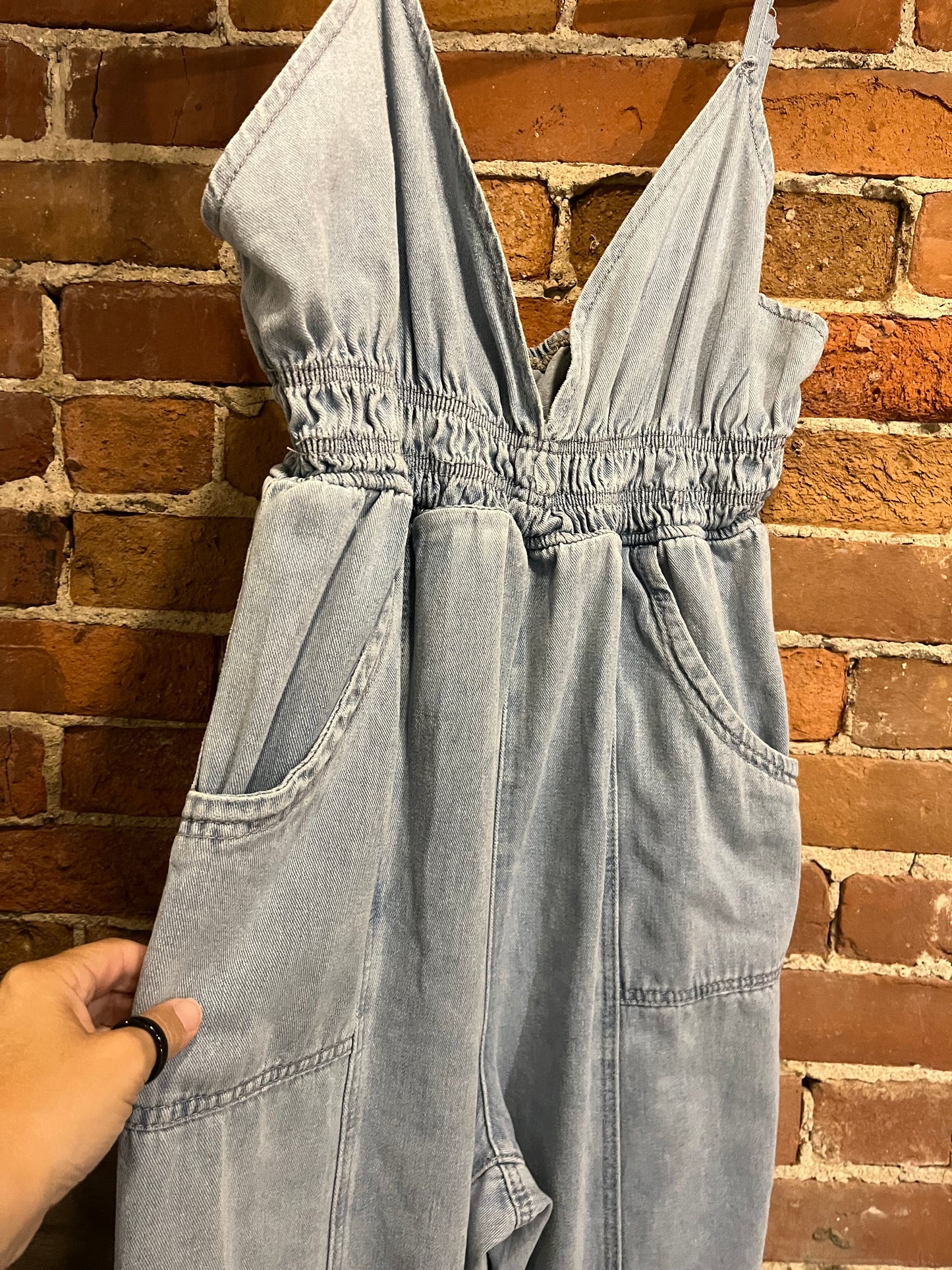 Denim V Neck Wide Leg Jumpsuit
