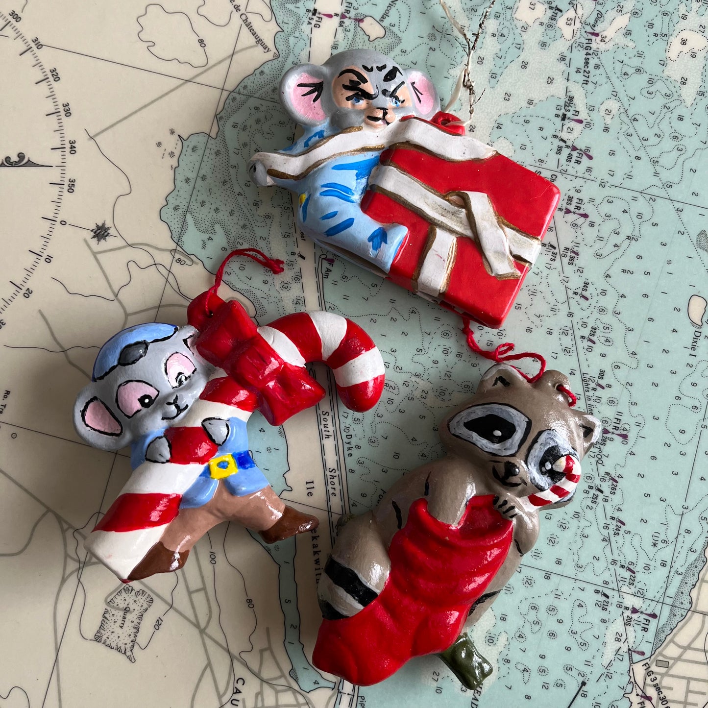 Vintage Hand Painted Ceramic Mouse and Raccoon Ornaments