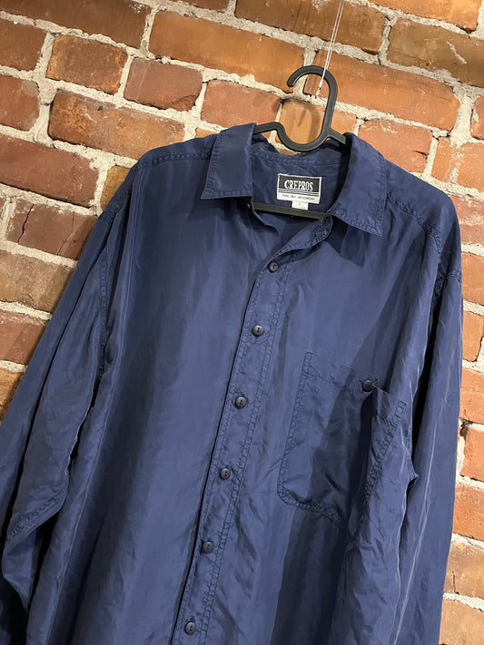 Vintage Crepros Pure Silk Menswear Long Sleeve Blue Button Up Shirt