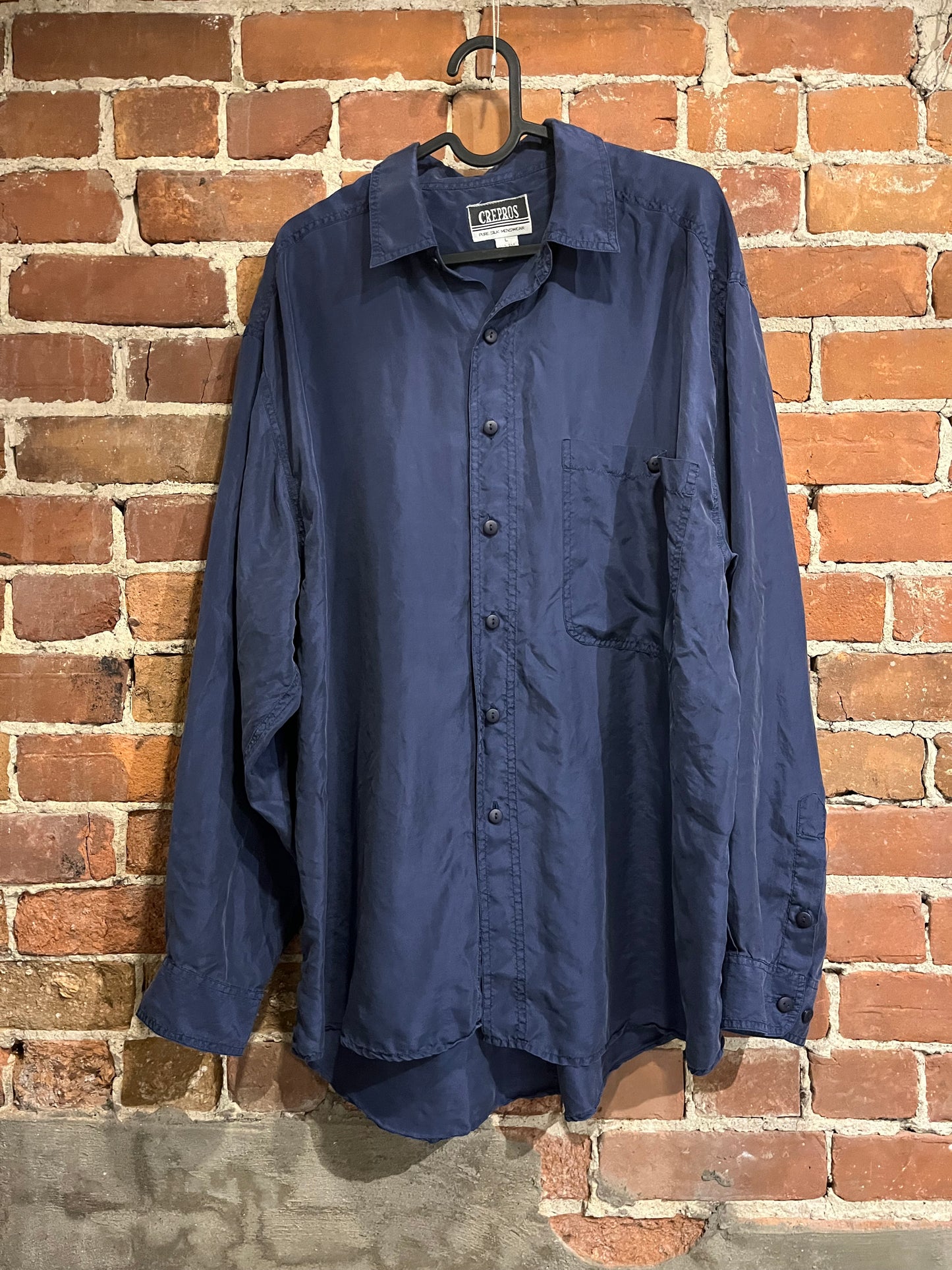 Vintage Crepros Pure Silk Menswear Long Sleeve Blue Button Up Shirt