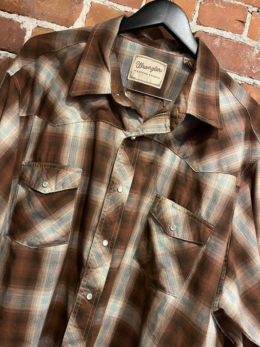 Wrangler Western Pearl Snap Button Up Long Sleeve Brown Plaid Shirt