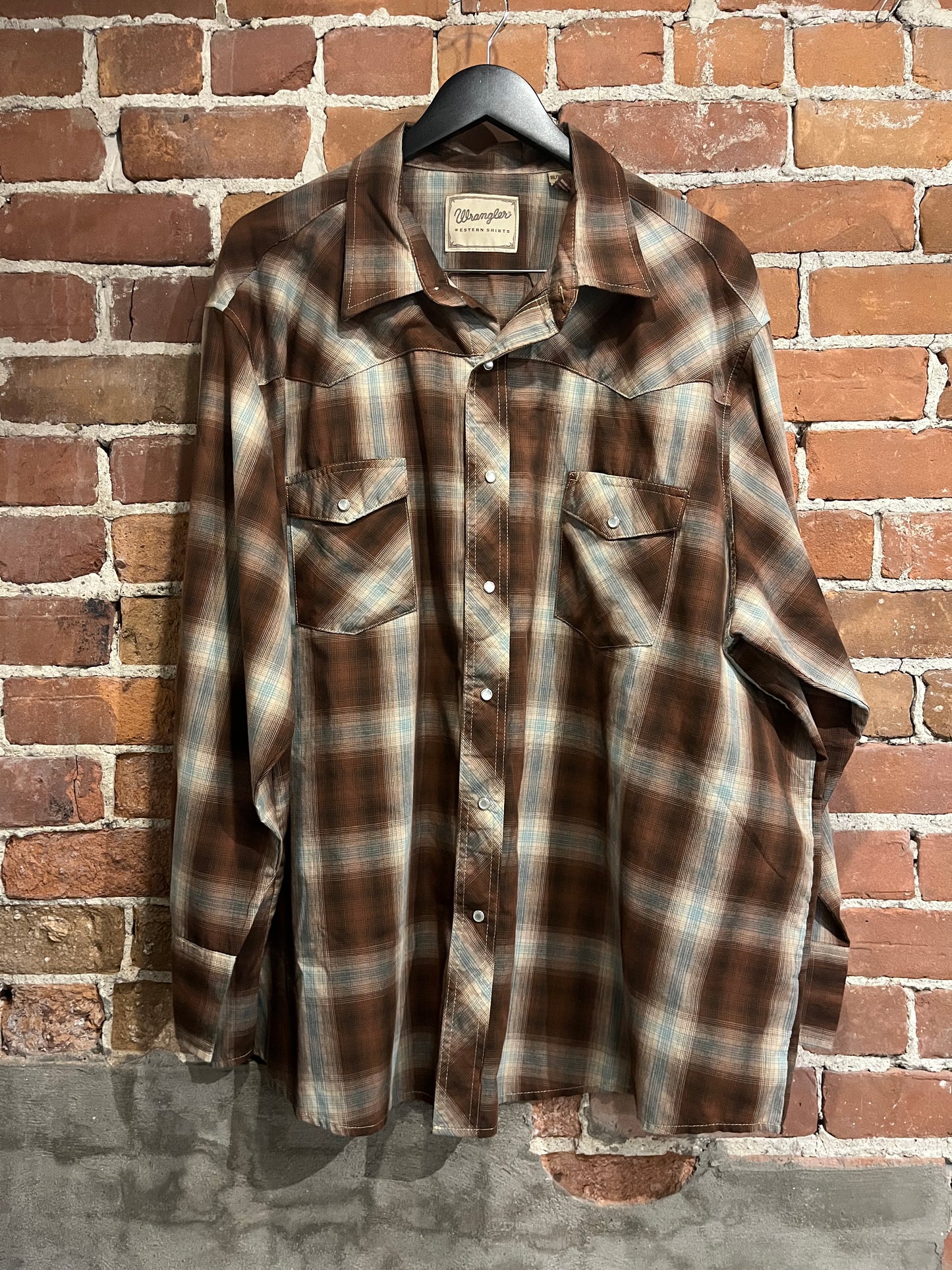 Wrangler Western Pearl Snap Button Up Long Sleeve Brown Plaid Shirt