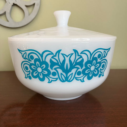 Vintage Federal Milk Glass Blue Floral Scroll Bowl with Lid