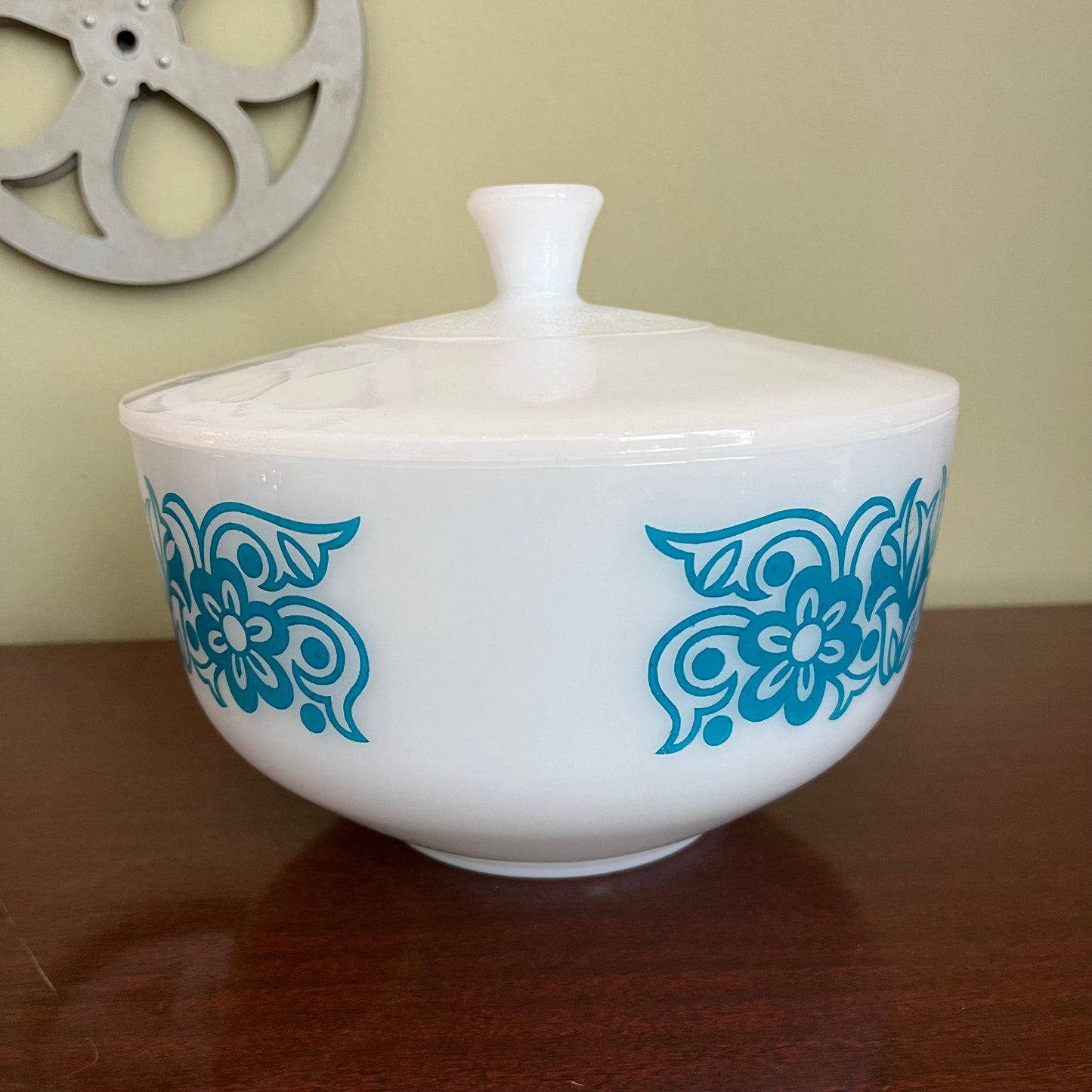 Vintage Federal Milk Glass Blue Floral Scroll Bowl with Lid
