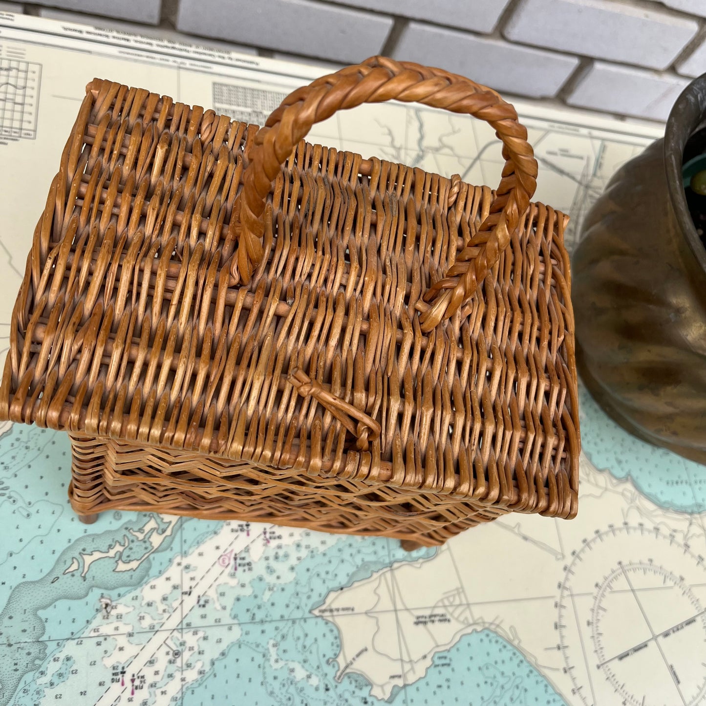 Vintage Mini Wicker Basket with Hinged Lid and Handle