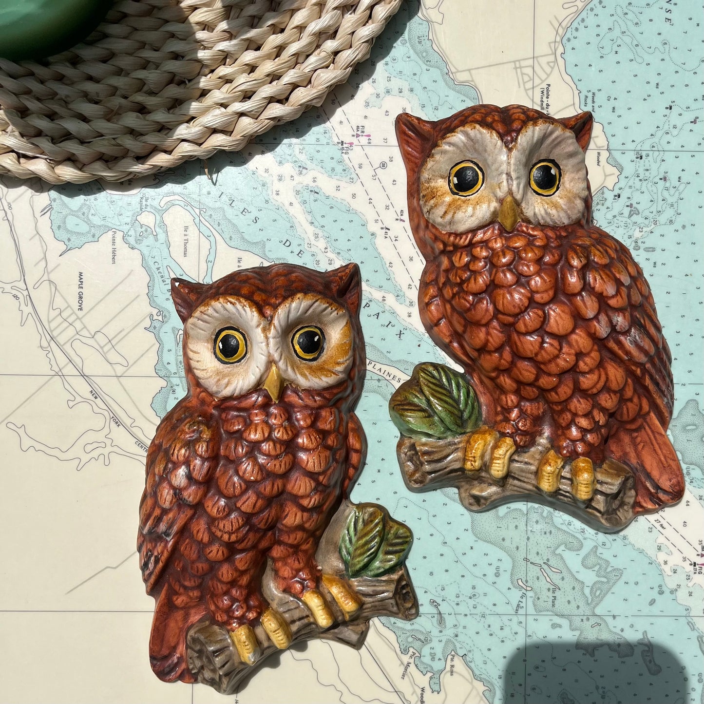 Vintage Hanging Chalkware Owl Couple