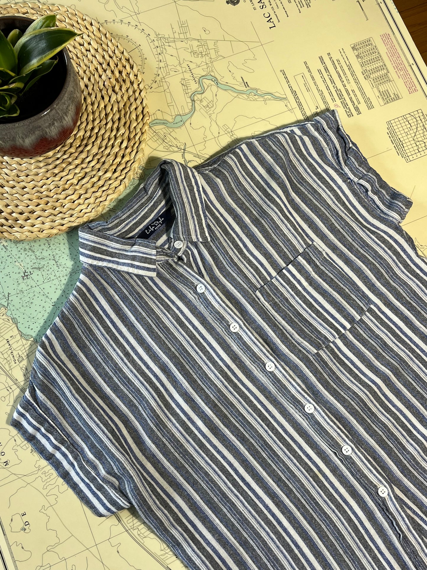 Vintage Vertical Stripe Button Up Short Sleeve Shirt