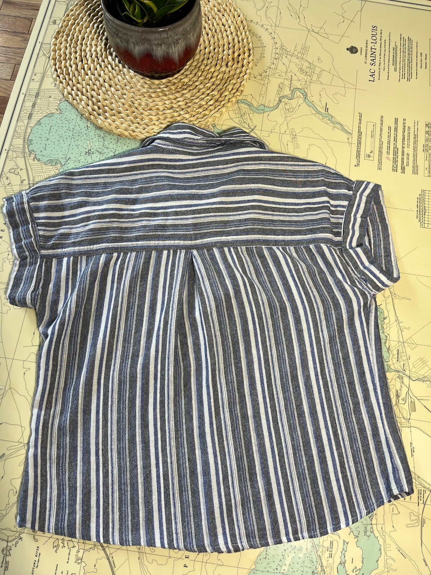 Vintage Vertical Stripe Button Up Short Sleeve Shirt