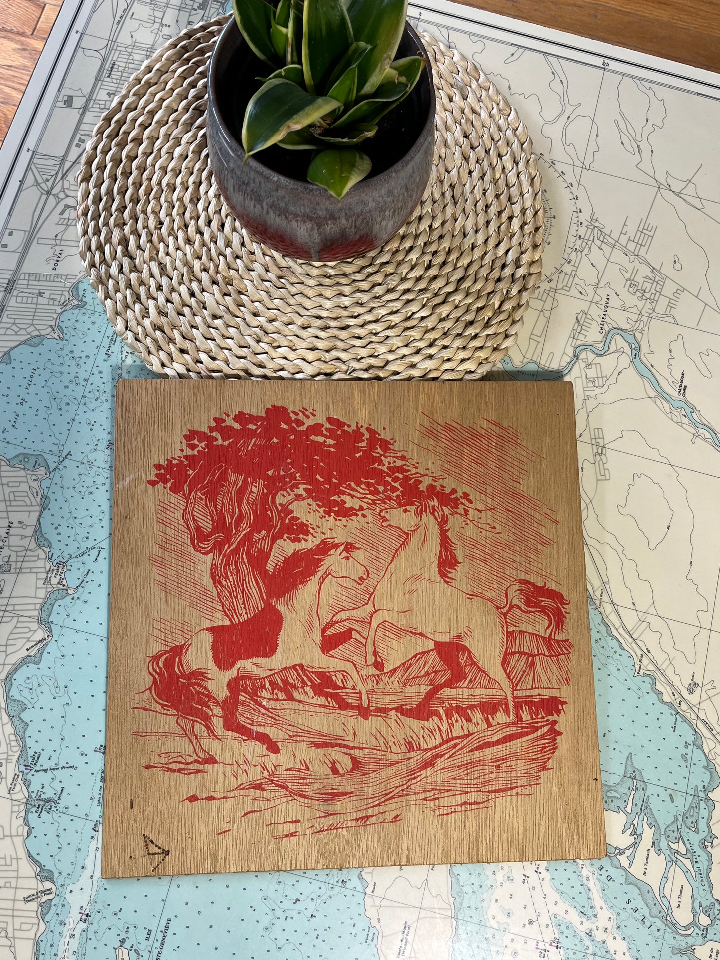 Vintage 80s Irwin Toys Pyrography Horse Wood Print