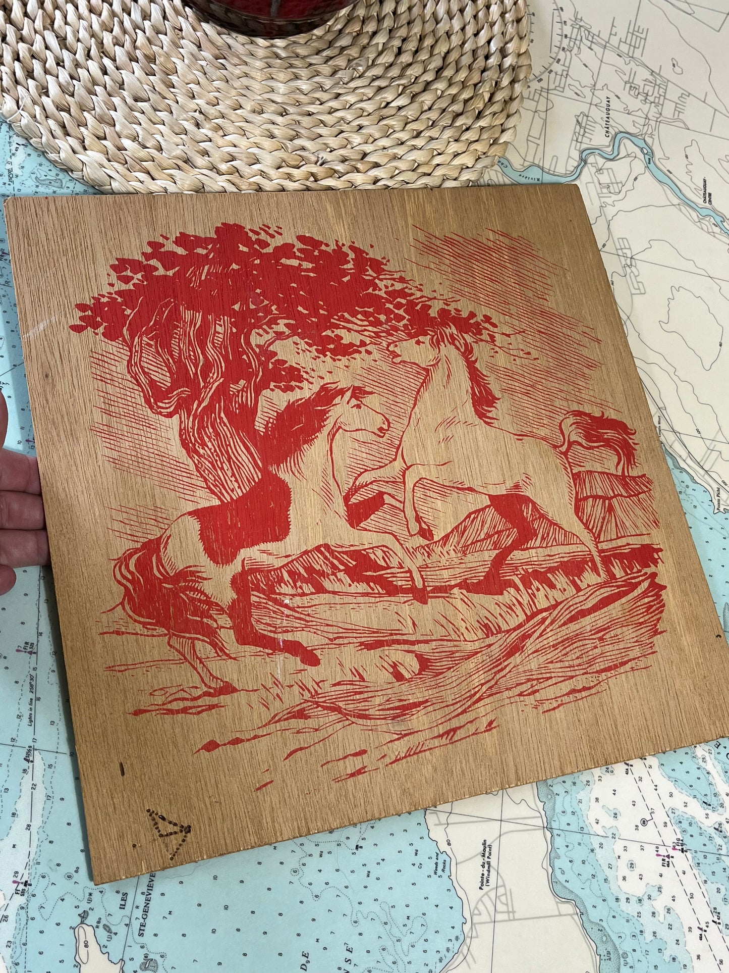 Vintage 80s Irwin Toys Pyrography Horse Wood Print