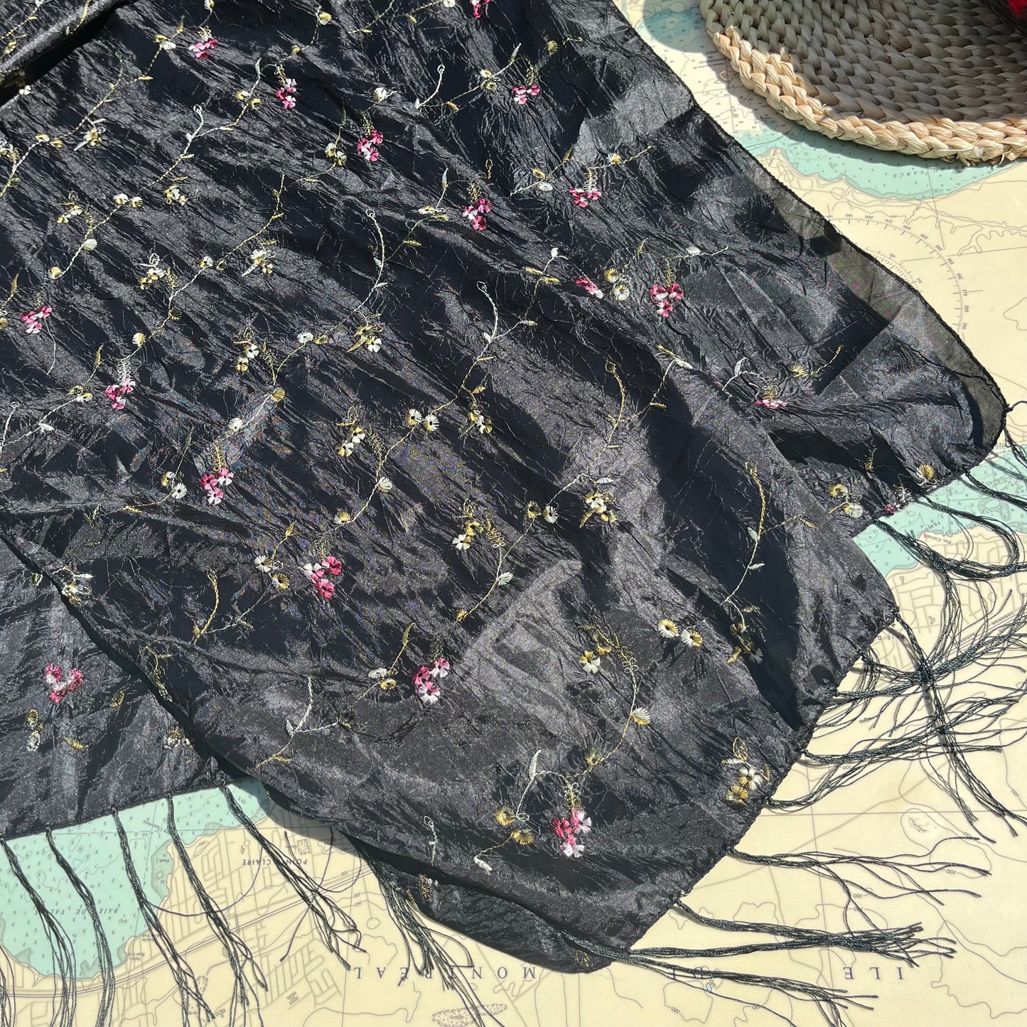 Black Botanical Embroidered Scarf
