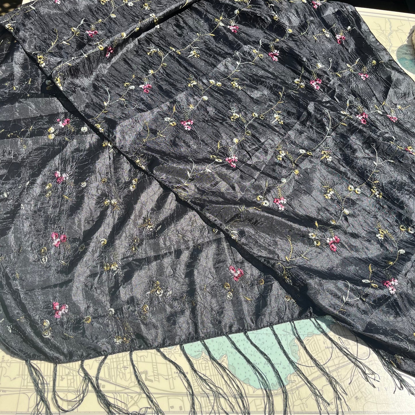 Black Botanical Embroidered Scarf
