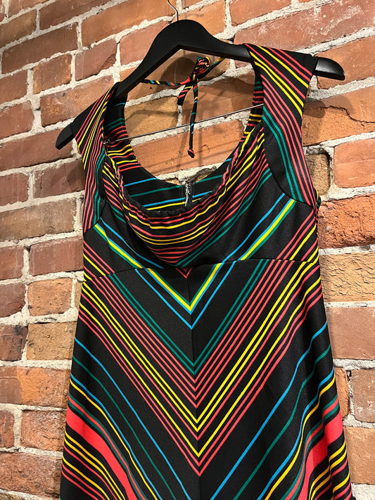 Vintage 70s Black and Rainbow Pinstripe Ronda Roy Dress