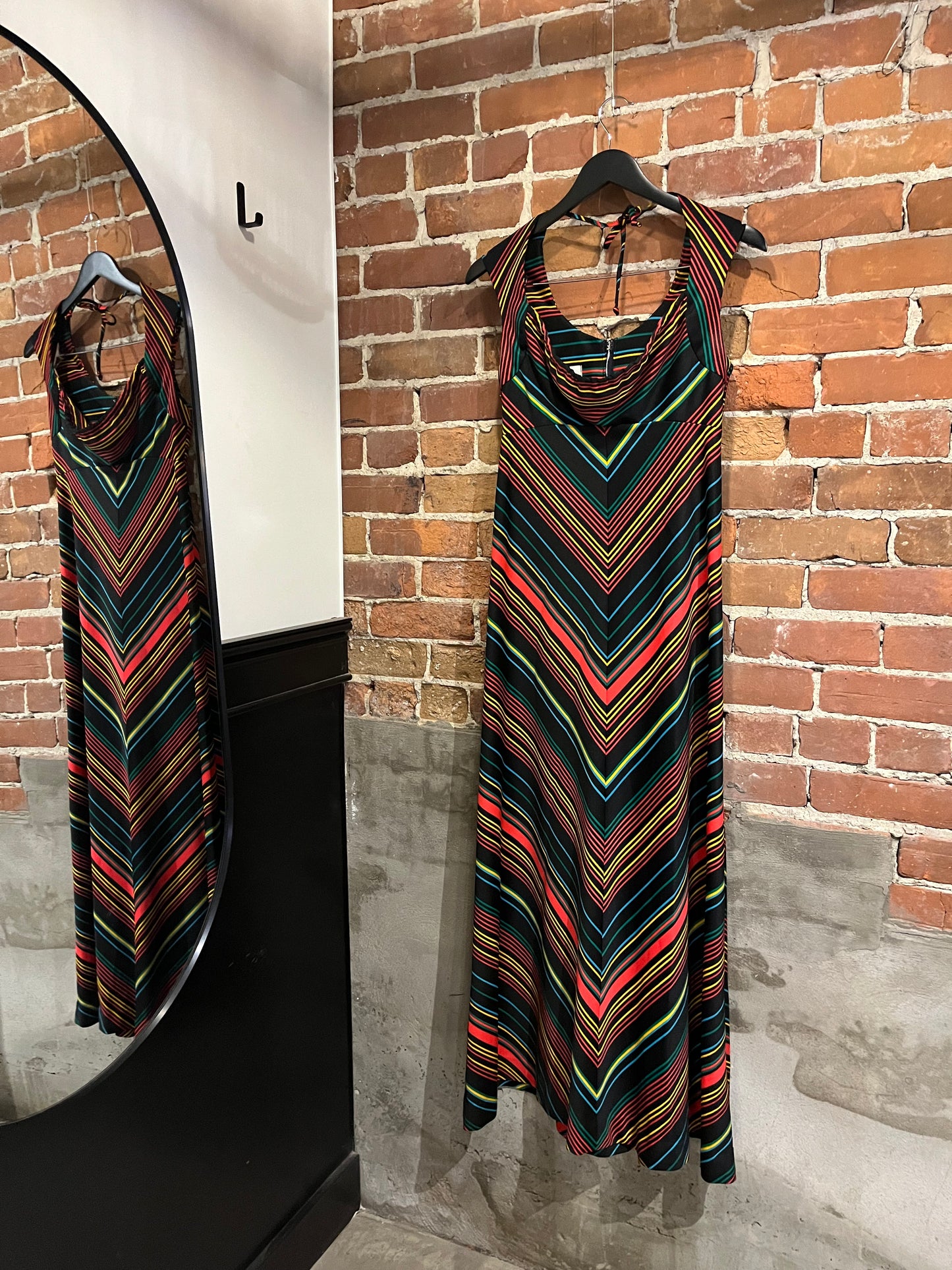 Vintage 70s Black and Rainbow Pinstripe Ronda Roy Dress