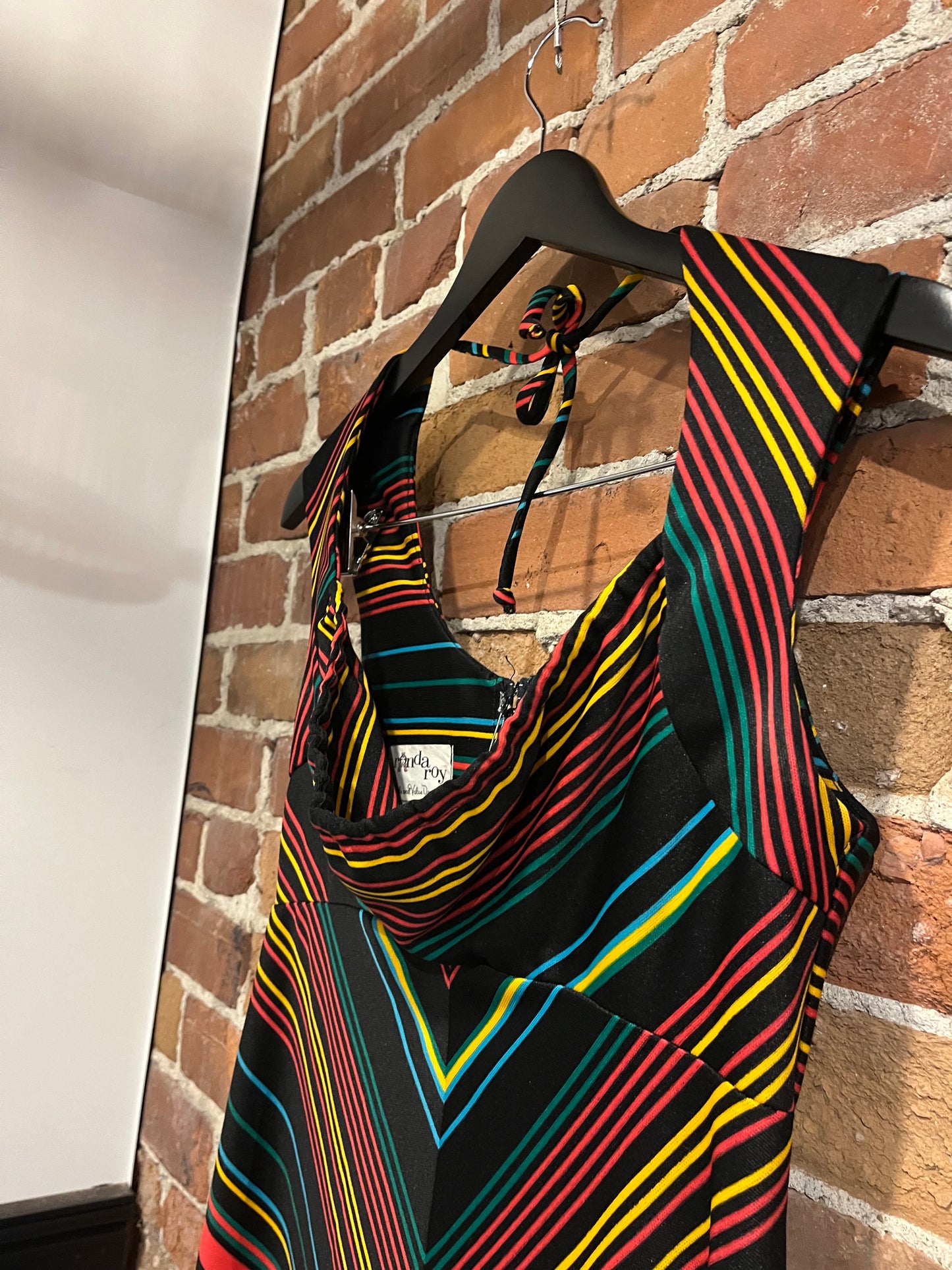 Vintage 70s Black and Rainbow Pinstripe Ronda Roy Dress