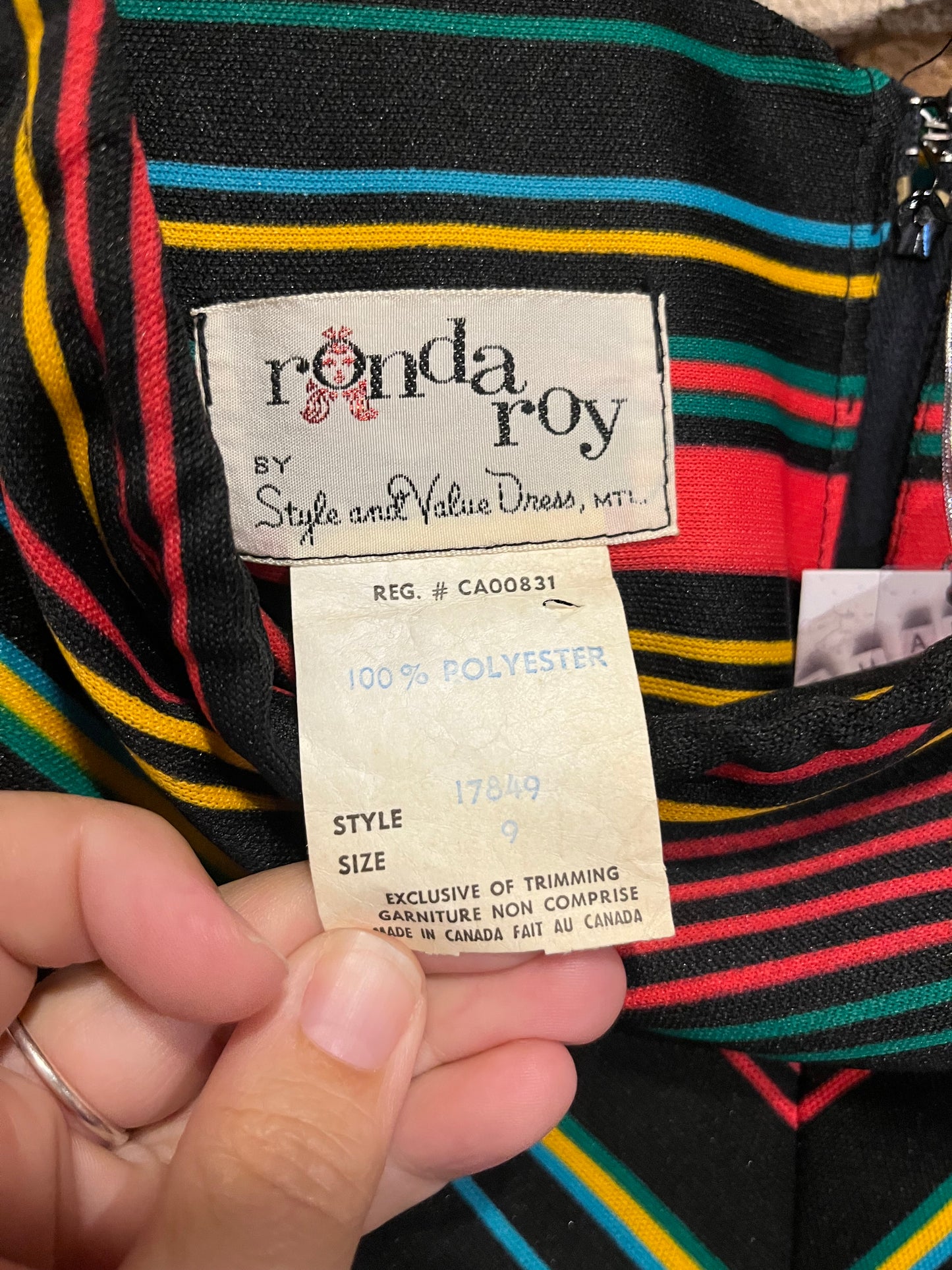 Vintage 70s Black and Rainbow Pinstripe Ronda Roy Dress