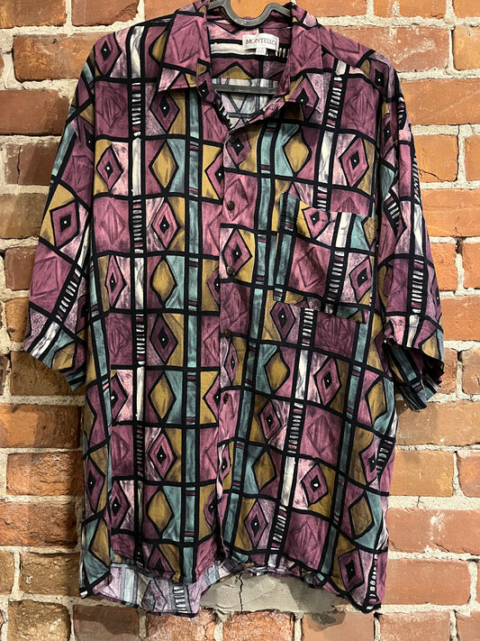 Vintage 80s Montello Geo Pattern Button up Tee Shirt