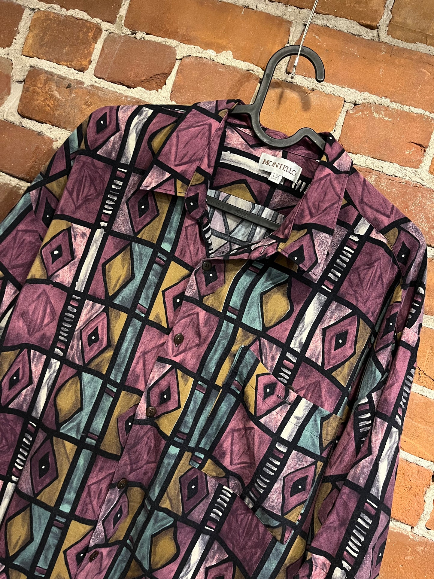 Vintage 80s Montello Geo Pattern Button up Tee Shirt