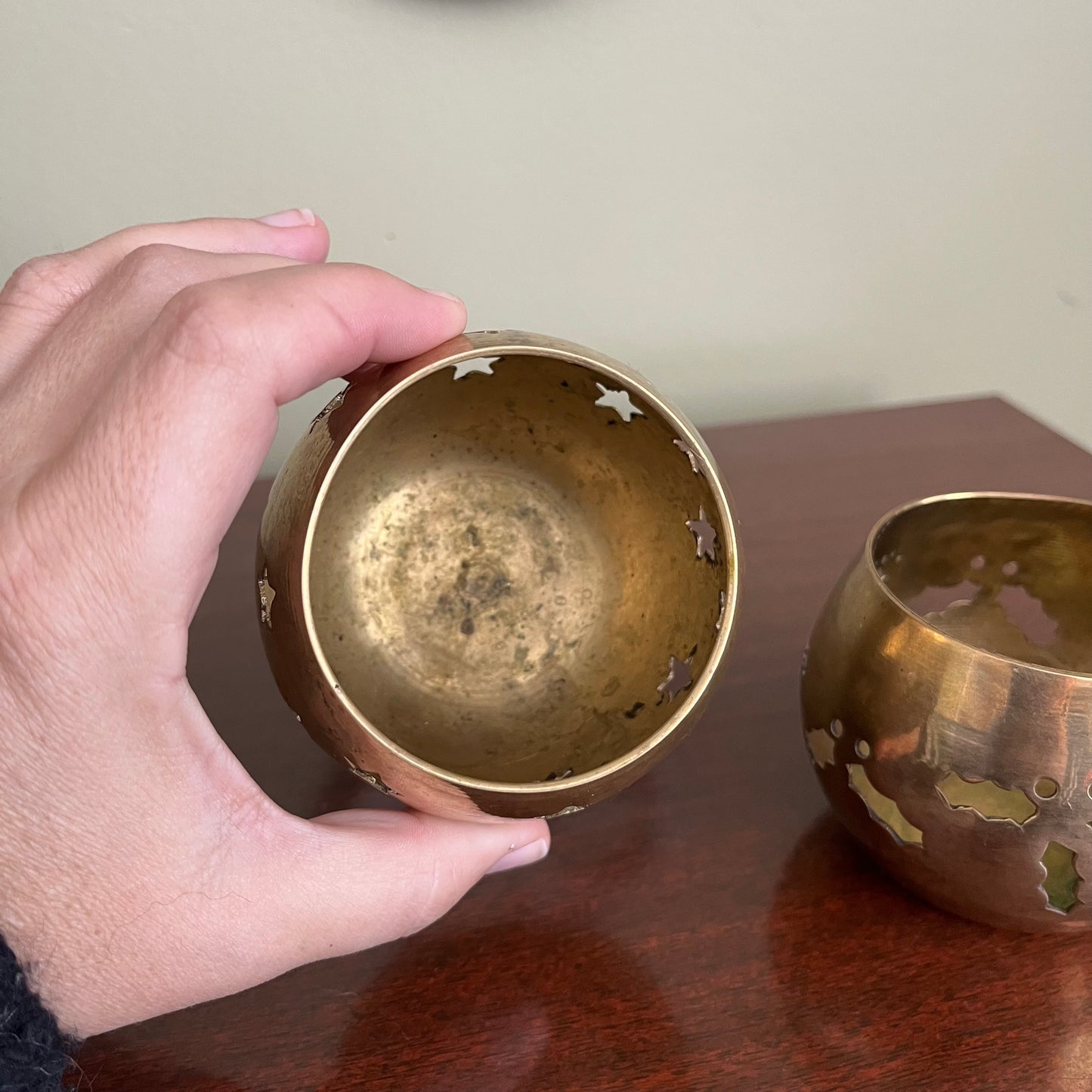 Vintage Brass Cut Out Christmas Tea Light Holders (2)
