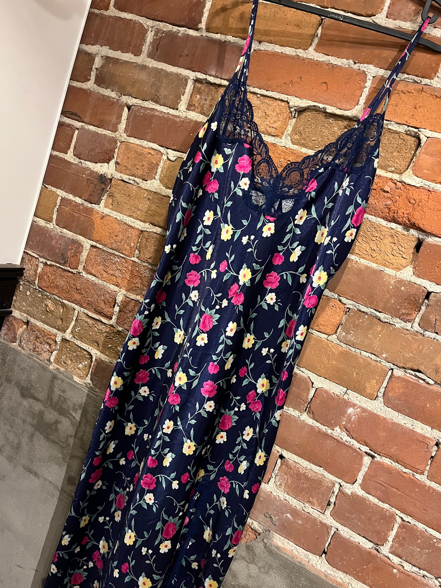 Vintage 90s Navy Floral Slip Dress with Lace Trim