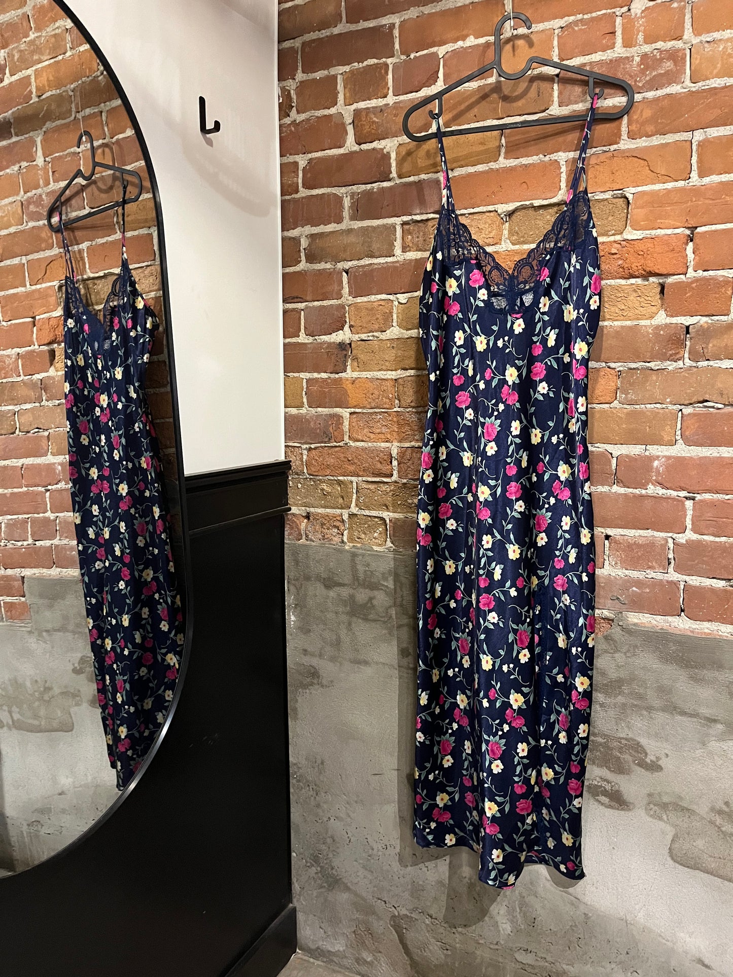 Vintage 90s Navy Floral Slip Dress with Lace Trim