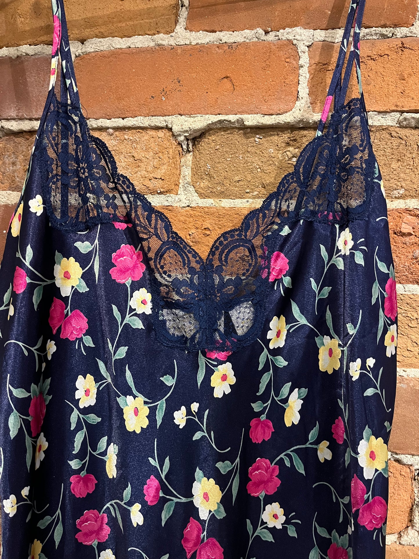 Vintage 90s Navy Floral Slip Dress with Lace Trim