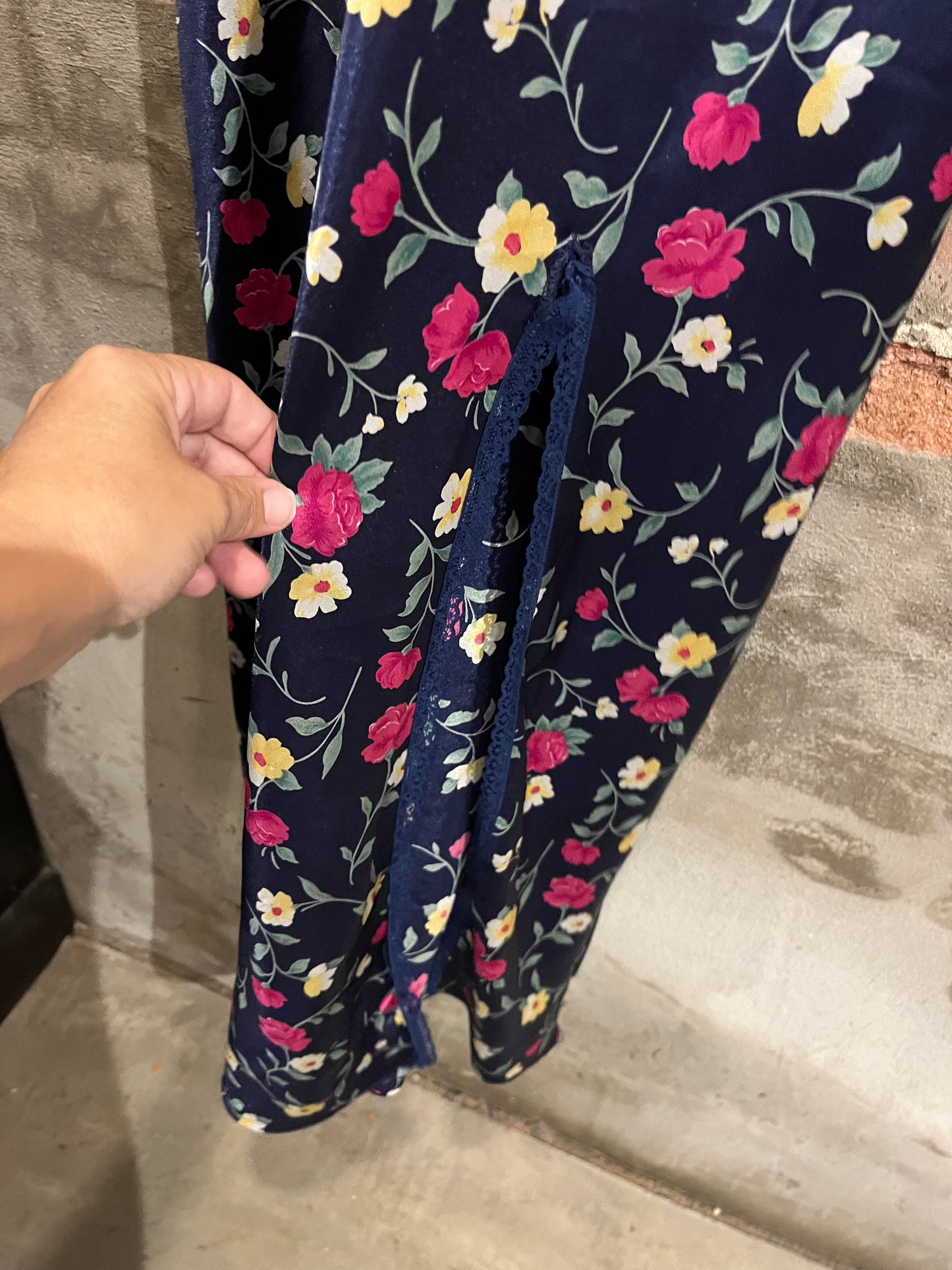 Vintage 90s Navy Floral Slip Dress with Lace Trim