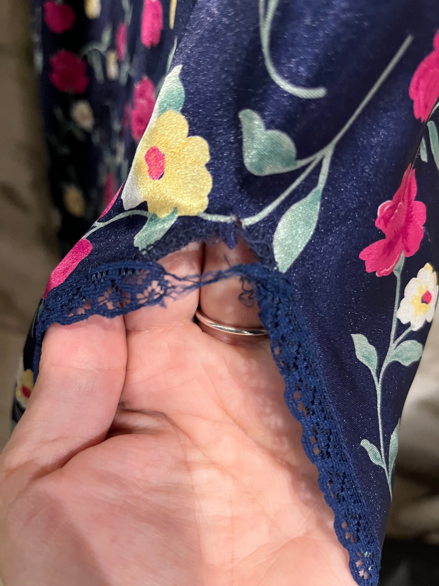 Vintage 90s Navy Floral Slip Dress with Lace Trim