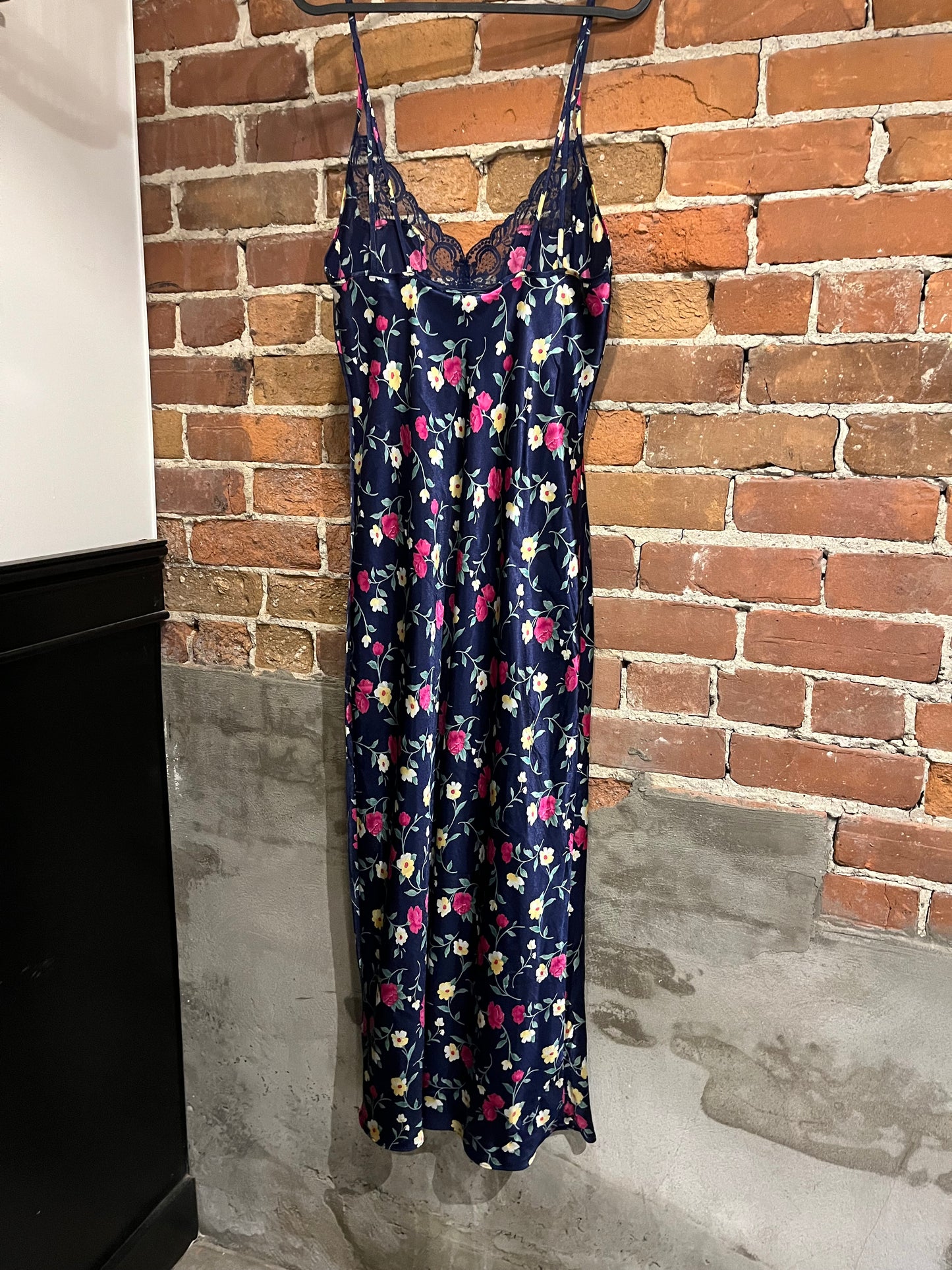 Vintage 90s Navy Floral Slip Dress with Lace Trim