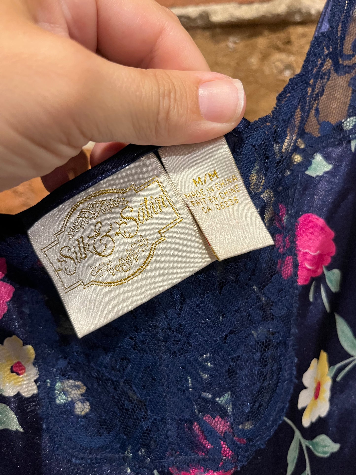 Vintage 90s Navy Floral Slip Dress with Lace Trim