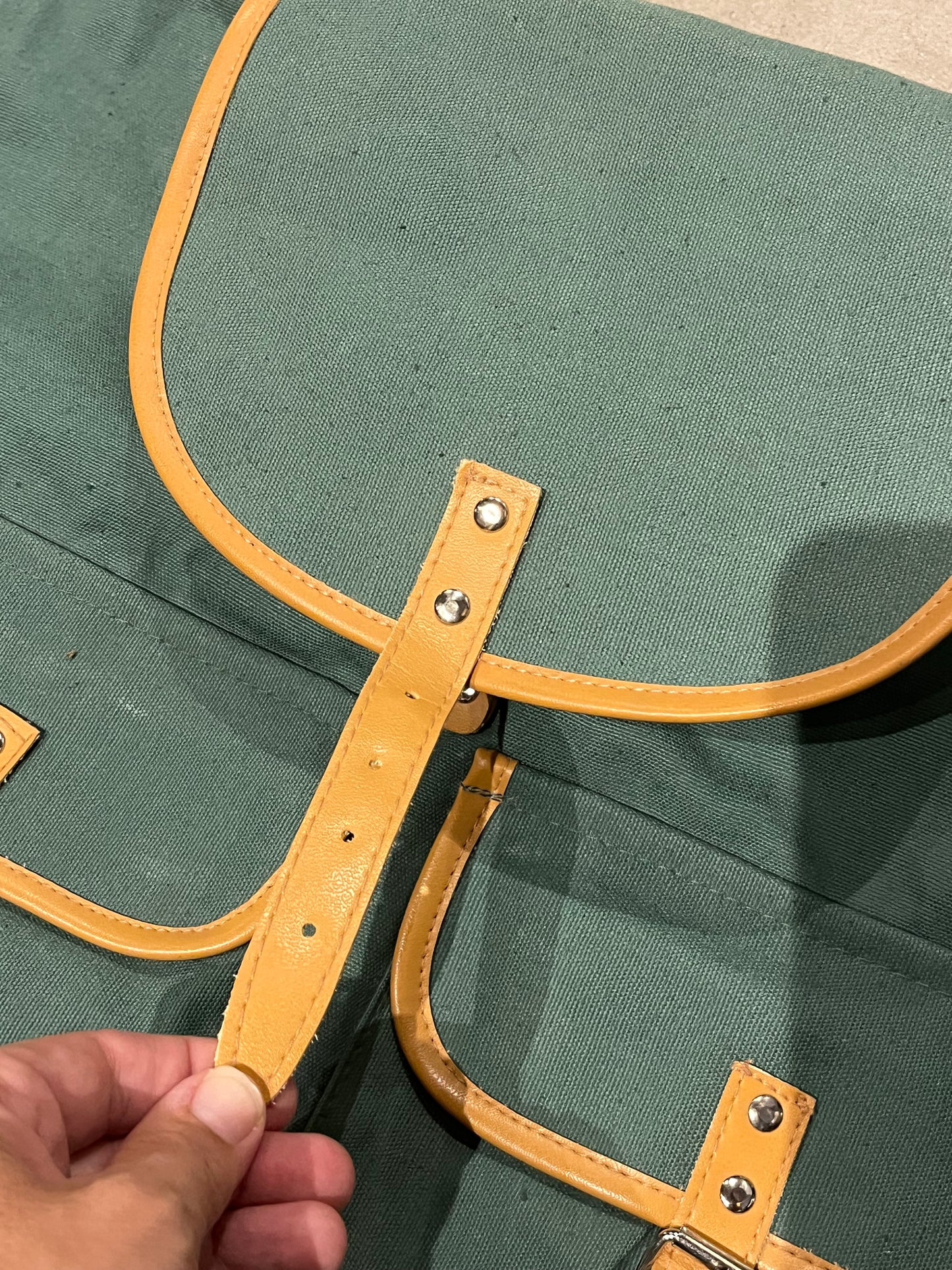 Vintage Leather Trimmed Army Green Canvas Book Bag