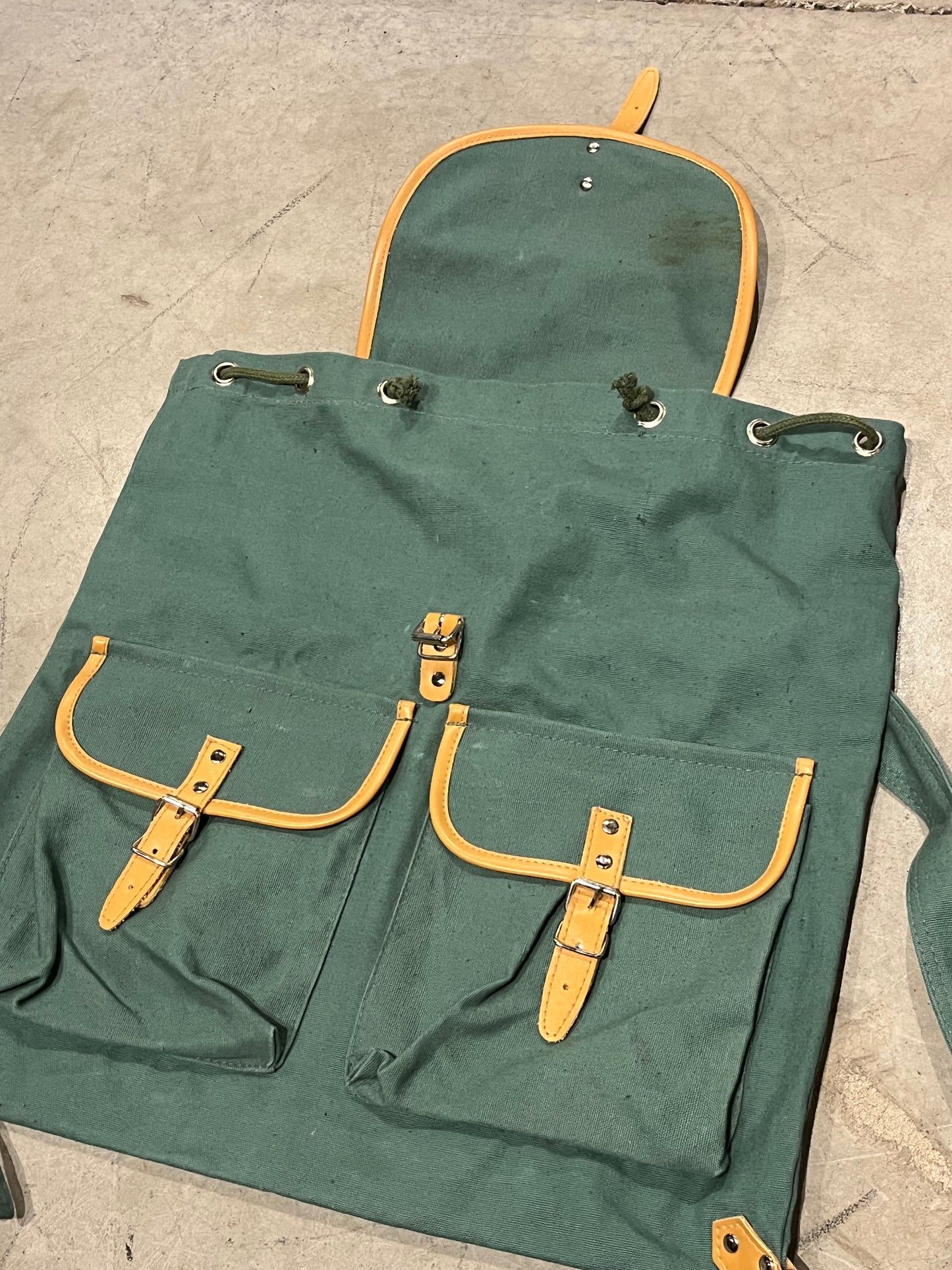 Vintage Leather Trimmed Army Green Canvas Book Bag