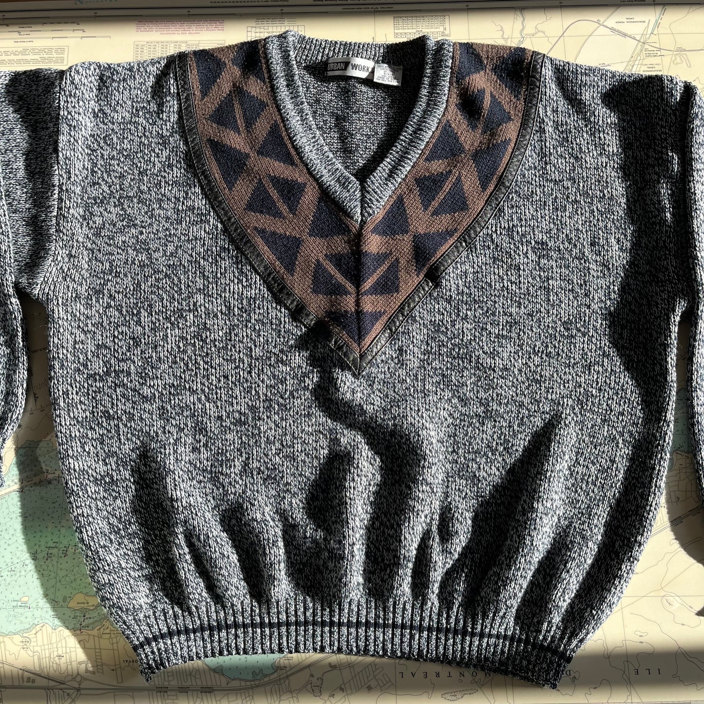 Vintage 80s Urban Works V neck Sweater with Leather Detail