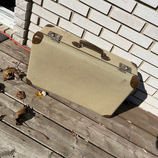 Vintage Houndstooth Suitcase with Leather Corners